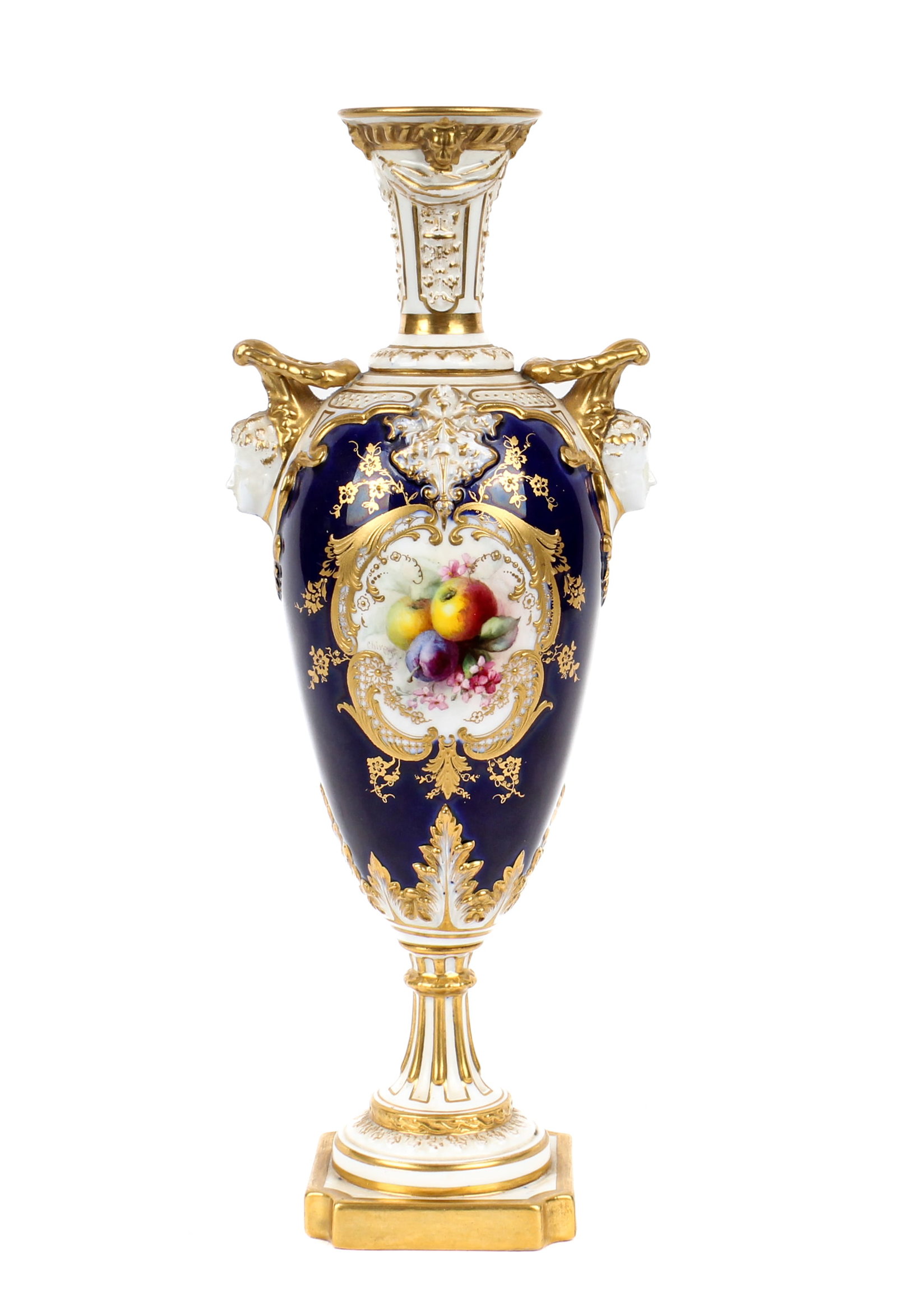 Royal Worcester Porcelain Fruit Painted Vase, Frederick Chivers: Description: A twin handled foted vase with gilt accents on a cobalt ground, the central medallion decorated with hand painted fruits by Frederick Chivers. Additional Royal Worcester items from the es