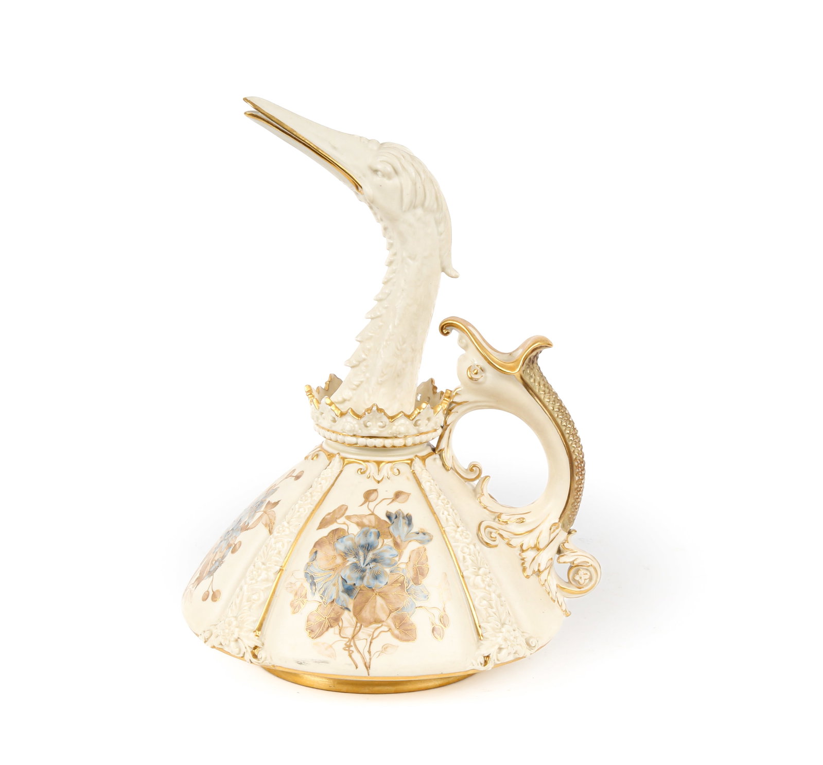 Royal Worcester Blush Ivory Porcelain Stork Head Pitcher: Description: A porcelain pitcher in Blush Ivory with gilt accents, having a figural stork head spout and grotesque dolphin head handle, the body decorated with floral sprays. Additional Royal Worceste