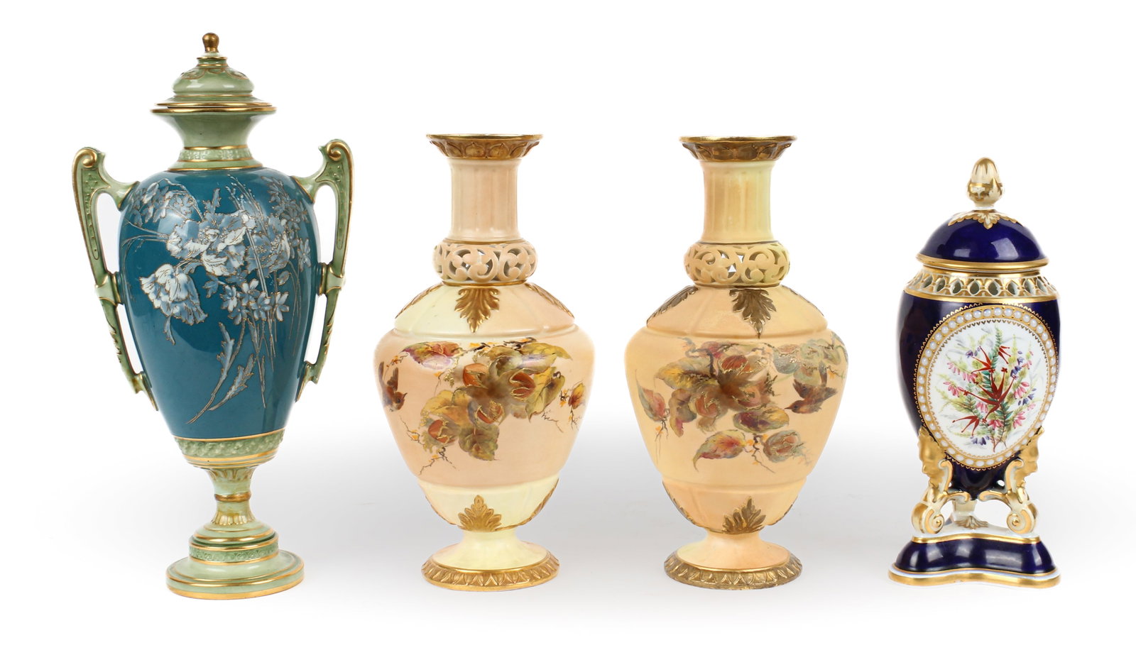 Grainger Worcester Reticulated Porcelain Bird & Sprays Vases, Potpourri, Etc.: Description: Two porcelain vases with pierced necks decorated with birds and fruit & leaf sprays in a Blush Ivory style finish, a hand painted flower decorated potpourri with a cobalt ground, and a Ro