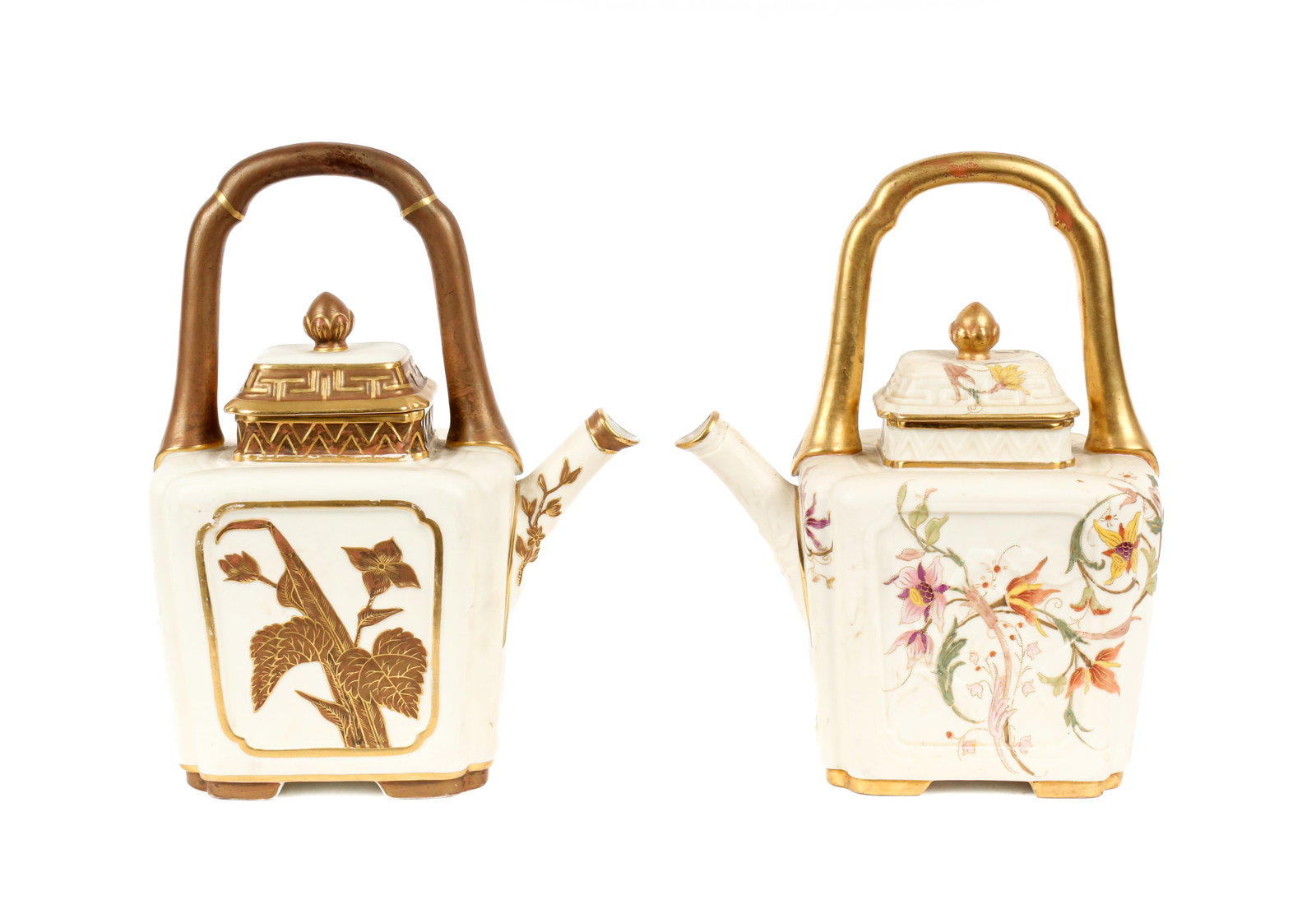 Royal Worcester Blush Ivory Porcelain Japonesque Teapots: Description: Two Chinese-style porcelain teapots in Blush Ivory. Additional Royal Worcester items from the estate of Stuart Brown will be featured in our upcoming auctions. Please follow us for auctio