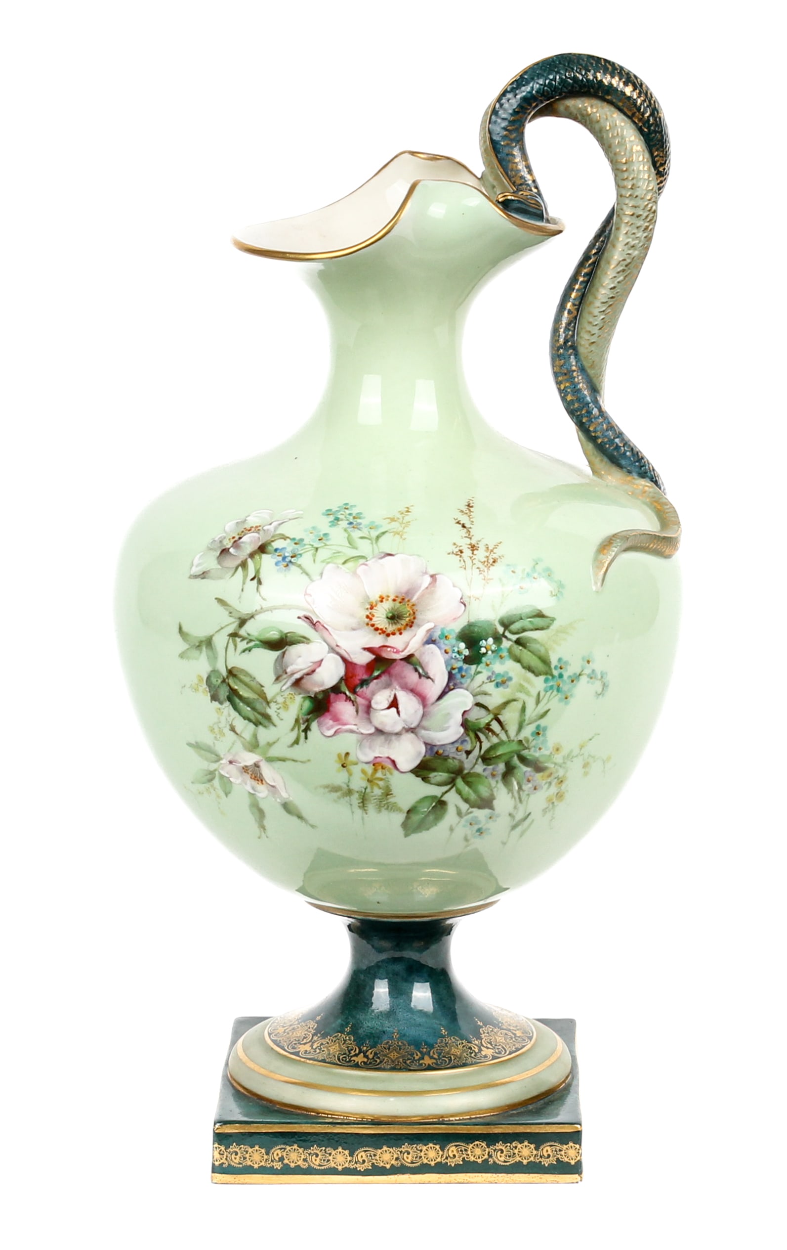 Royal Worcester Porcelain Snake Handle Ewer, Hand Painted Flowers: Description: A porcelain ewer or pitcher with figural snake handle, decorated with hand painted flowers and gilt highlights on a mint green and turquoise ground. Shape 1968. Additional Royal Worcester