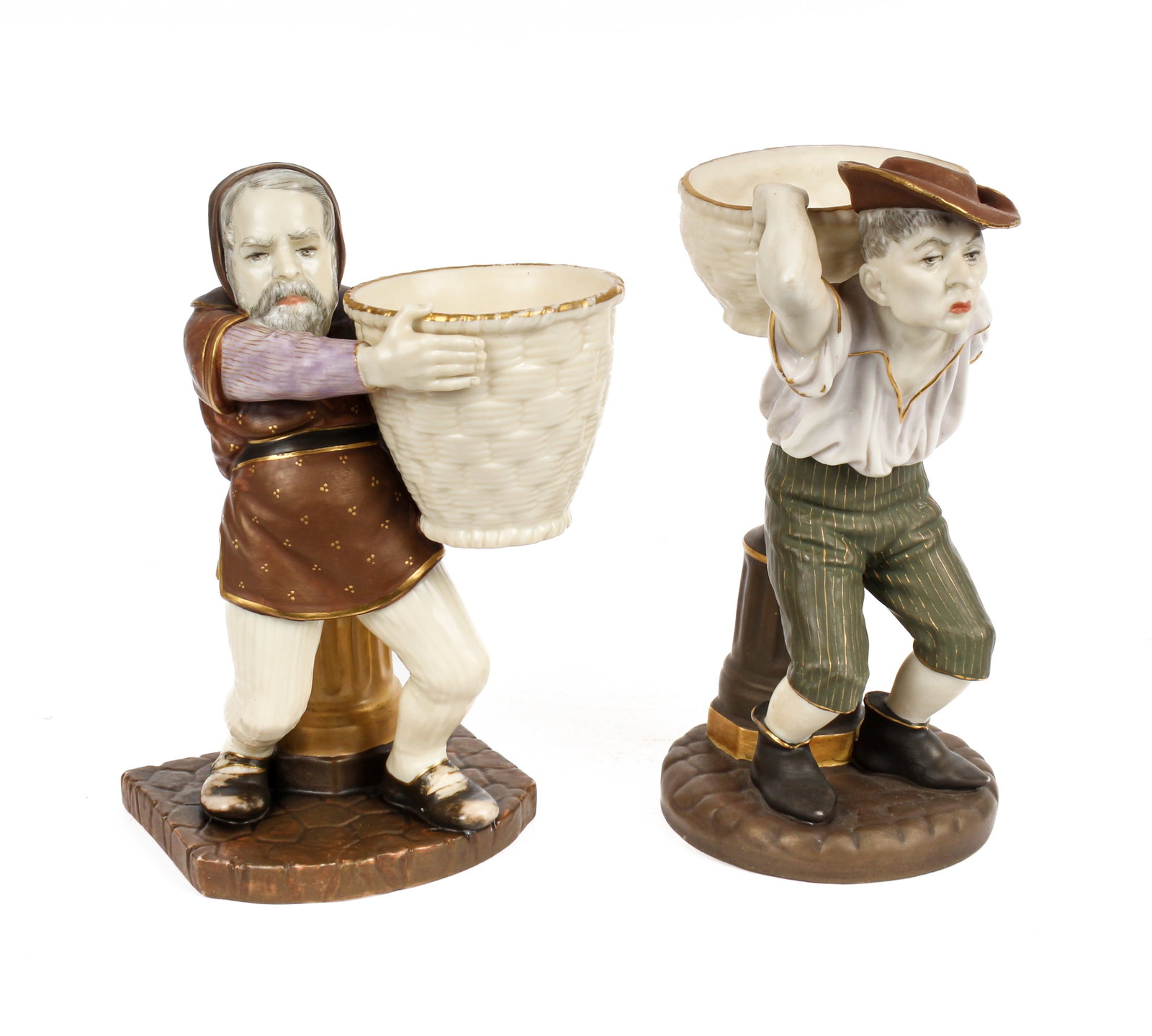 Pair of Royal Worcester Grotesque Figures, Mansion House Dwarfs: Description: Pair of Royal Worcester grotesque figures, mansion house dwarfs. Each holding a basket on a naturalistic base. Markings & Inscriptions: Marked to the undersides Date: Circa 1877 Maker: Ro