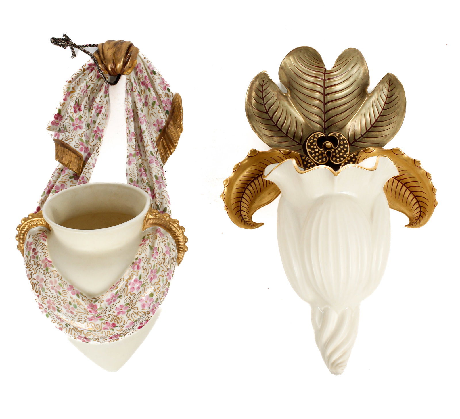 Two Royal Worcester Porcelain Wall Pockets, Scarf Bracket and Orchid Bracket: Description: A Royal Worcester blush ivory porcelain wall pocket in the form of an urn being hung by a tied scarf together with a gilt porcelain wall pocket in the form of an orchid. Additional Royal 