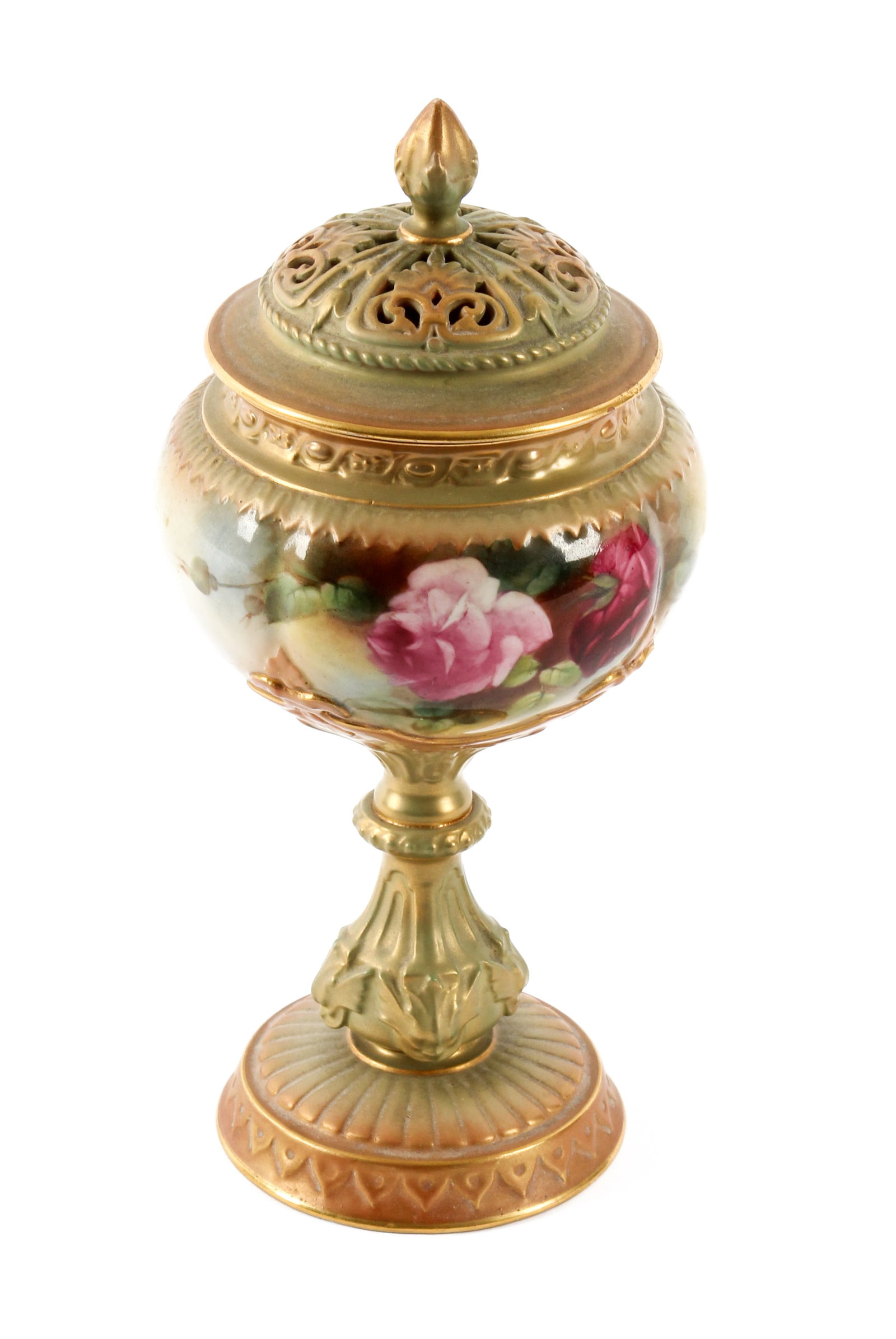 Royal Worcester Porcelain Potpourri Vase and Cover: Description: A porcelain potpourri with cover, with hand painted rose decoration. Shape 1813 (bowl on foot). Markings & Inscriptions: Marked Date: Late 19th century Maker: Royal Worcester Dimensions: 