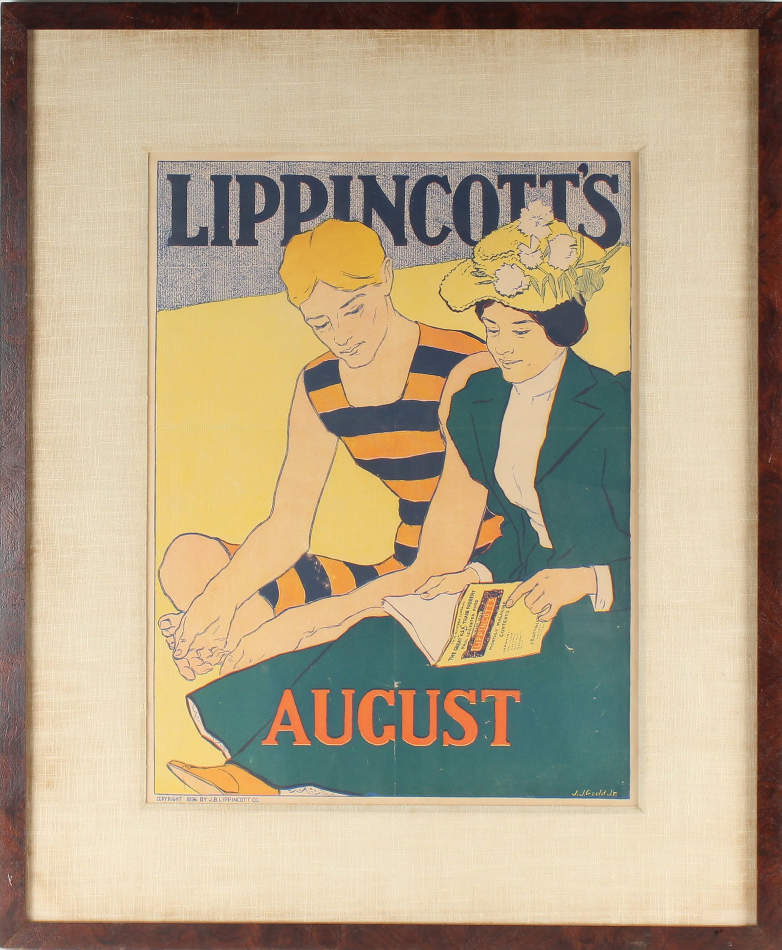 Lippincott's Magazine August 1896 Poster, Joseph J. Gould Jr.: Description: An original poster for Lippincott's Magazine for the August 1896 issue, depicting a lady and a man in a bathing suit seated on a beach reading Lippincott's Magazine. Markings & Inscriptio