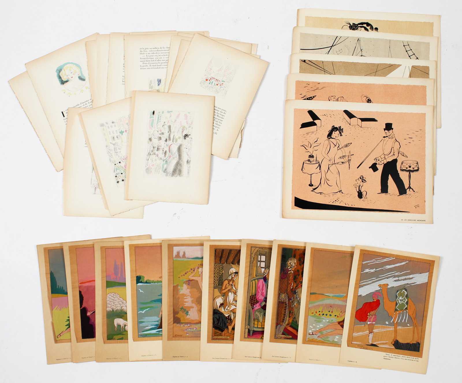 Collection of French Art Deco Illustrations Incl. Chas Laborde Etchings, Pochoirs: Description: A collection of French Art Deco period illustrations from books, including fifteen etchings by Chas Laborde from Malice by Pierre Mac Orlan, a group of ten pochoir by Maurice Berty, G.P. 