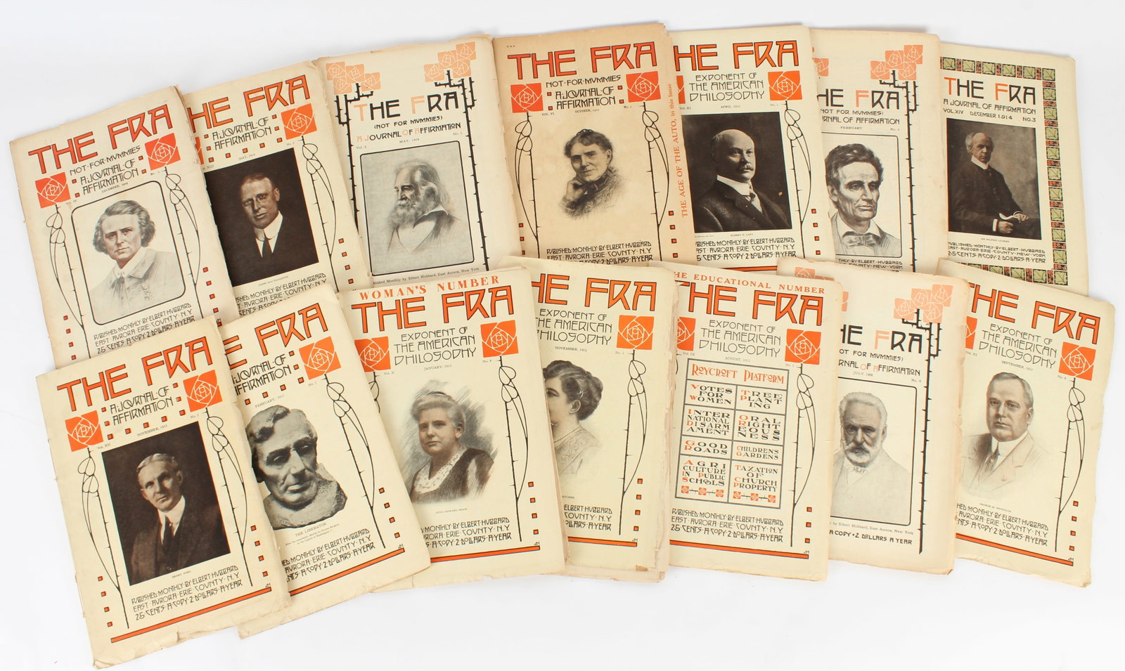 Thirty-Seven Copies of Elbert Hubbard's The Fra Magazine, Roycrofters: Description: A collection of approximately thirty-seven copies of Elbert Hubbard's Arts & Crafts era "The Fra" magazine. Markings & Inscriptions: Marked Date: Early 20th century Maker: Elbert Hubbard 