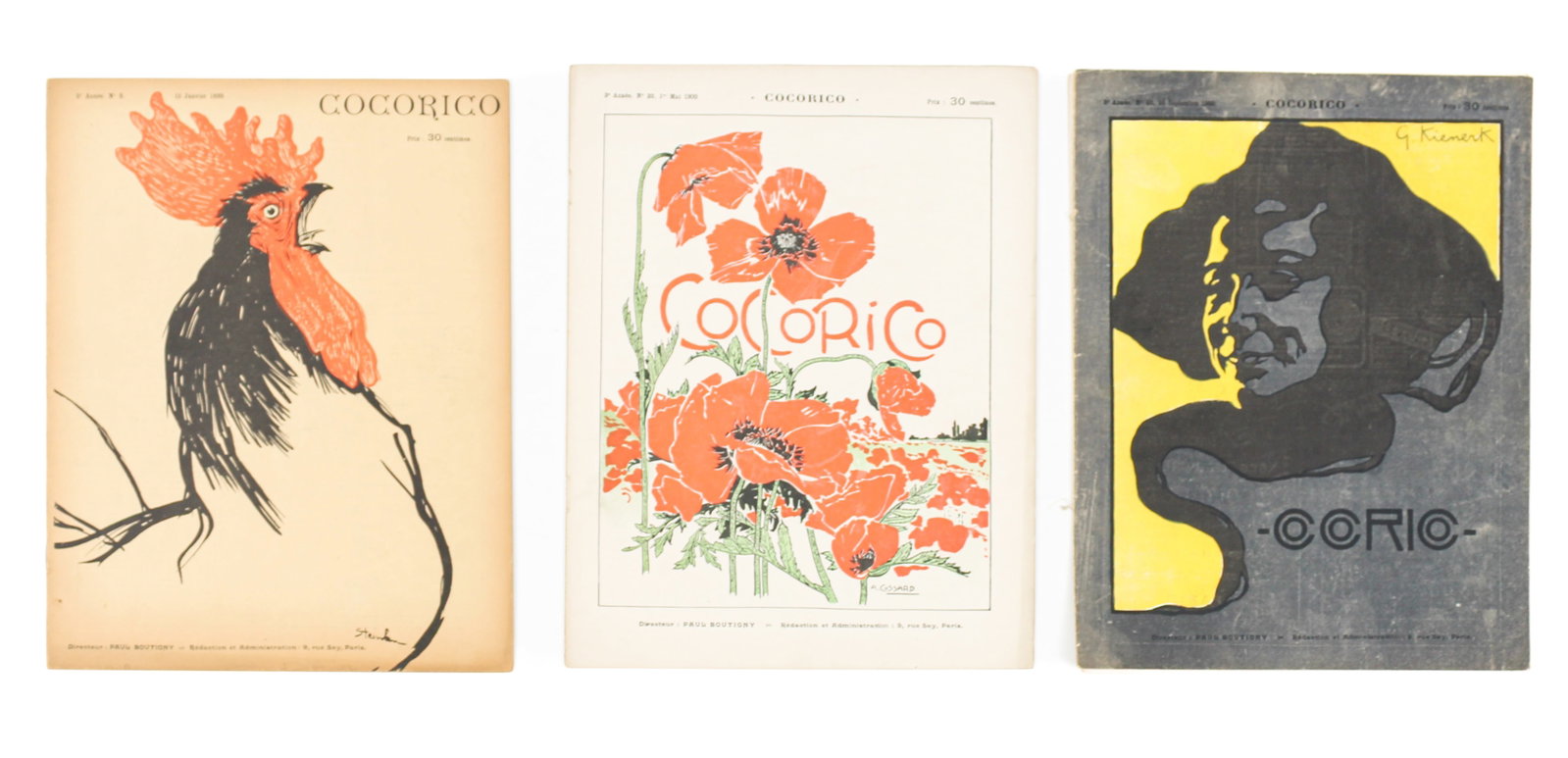 Cocorico Magazine Nos. 2 & 40, Theophile Alexandre Steinlen, Jan 1899, Art Nouveau: Description: Complete copies of Cocoricono nos. 2, 32, and 40. The magazine featured illustrations by numerous well-known Art Nouveau artists including Alphonse Mucha. Markings & Inscriptions: Signed 