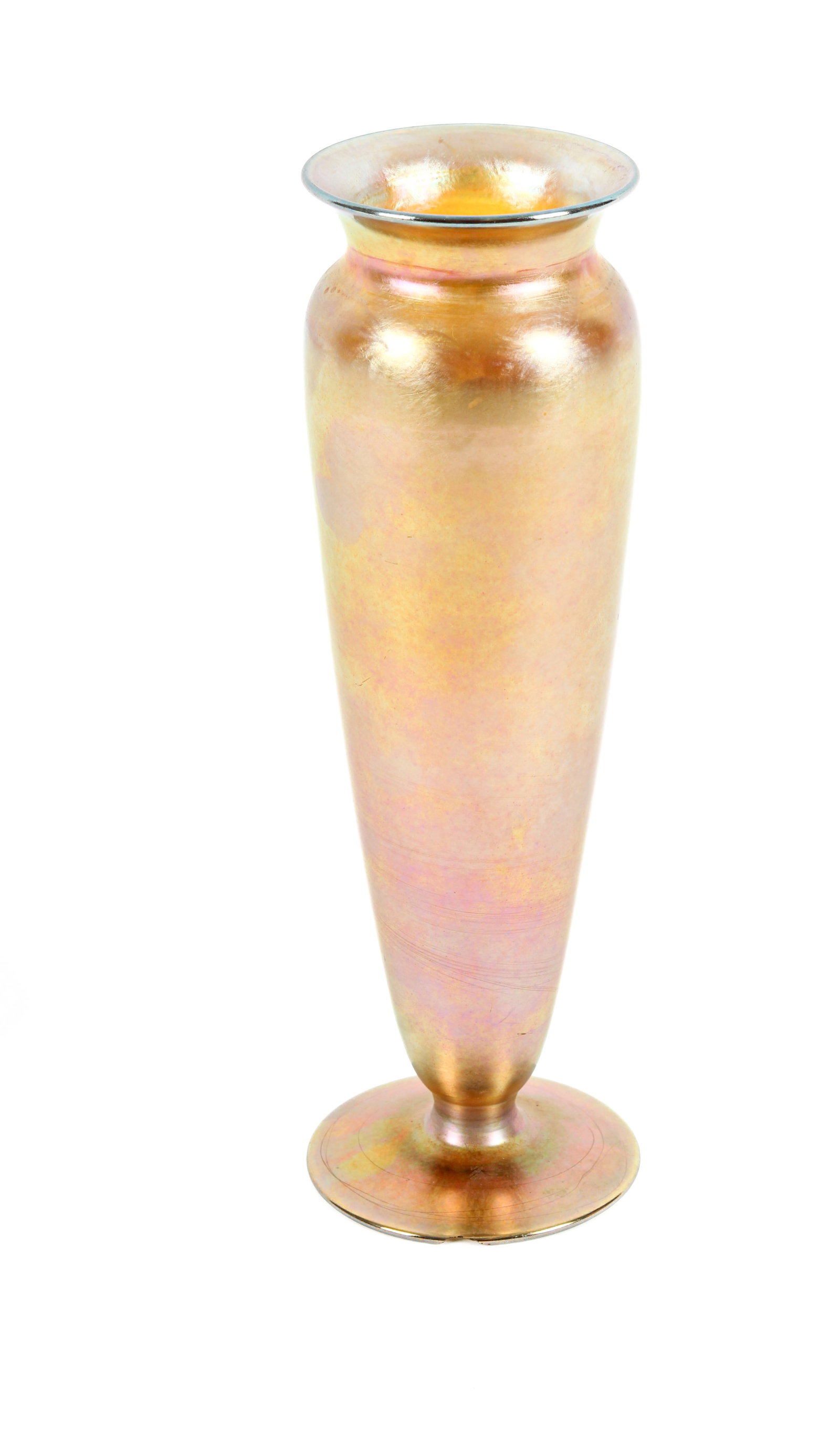 Durand Gold Aurene Art Glass Vase: Description: Durand gold aurene art glass footed vase with flared rim. Markings & Inscriptions: Marked to the underside Date: 20th century Maker: Durand Dimensions: Height: 12", Diameter of foot: 4" P