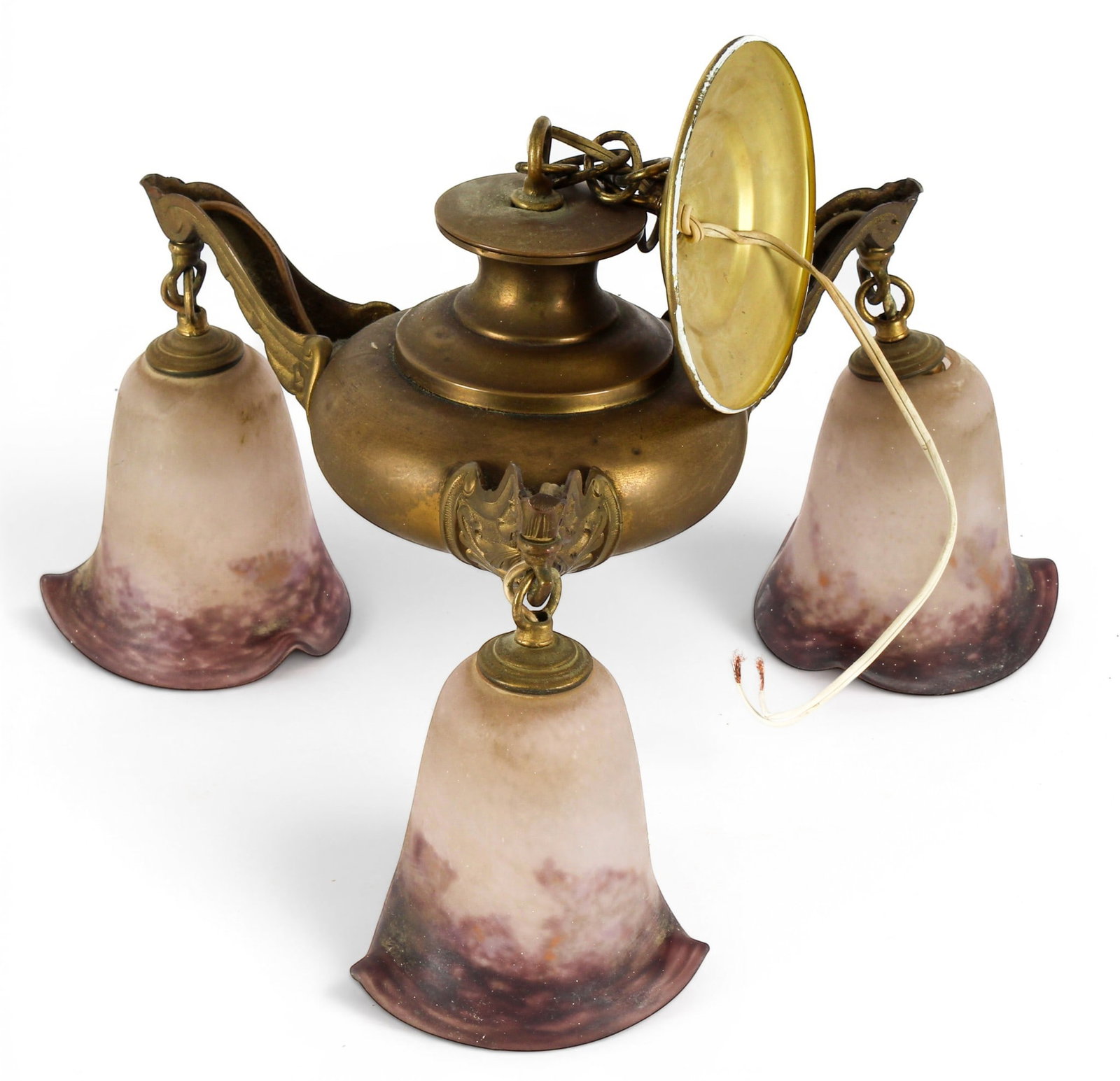 Art Deco Brass Chandelier With Degue Glass Shades: Description: A brass Art Deco chandelier or hanging light with three purple French art glass shades by Degue. Markings & Inscriptions: The shades are marked Date: Early 20th century Maker: Degue Dimen
