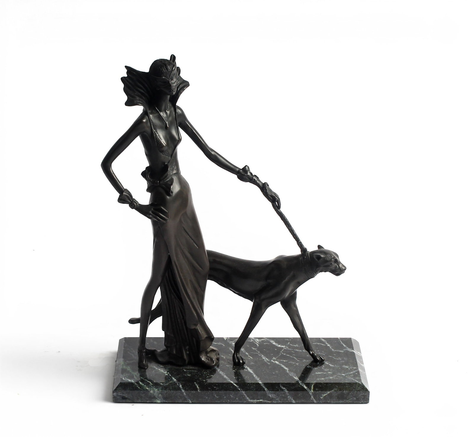 After Demetre Chiparus, Mascarade, Art Deco Style Bronze Sculpture: Description: An Art Deco style sculpture in the form of a woman with sylized features walking a cheetah or similar cat, titled "Mascarade." Markings & Inscriptions: Signed in the casting Date: Late 20