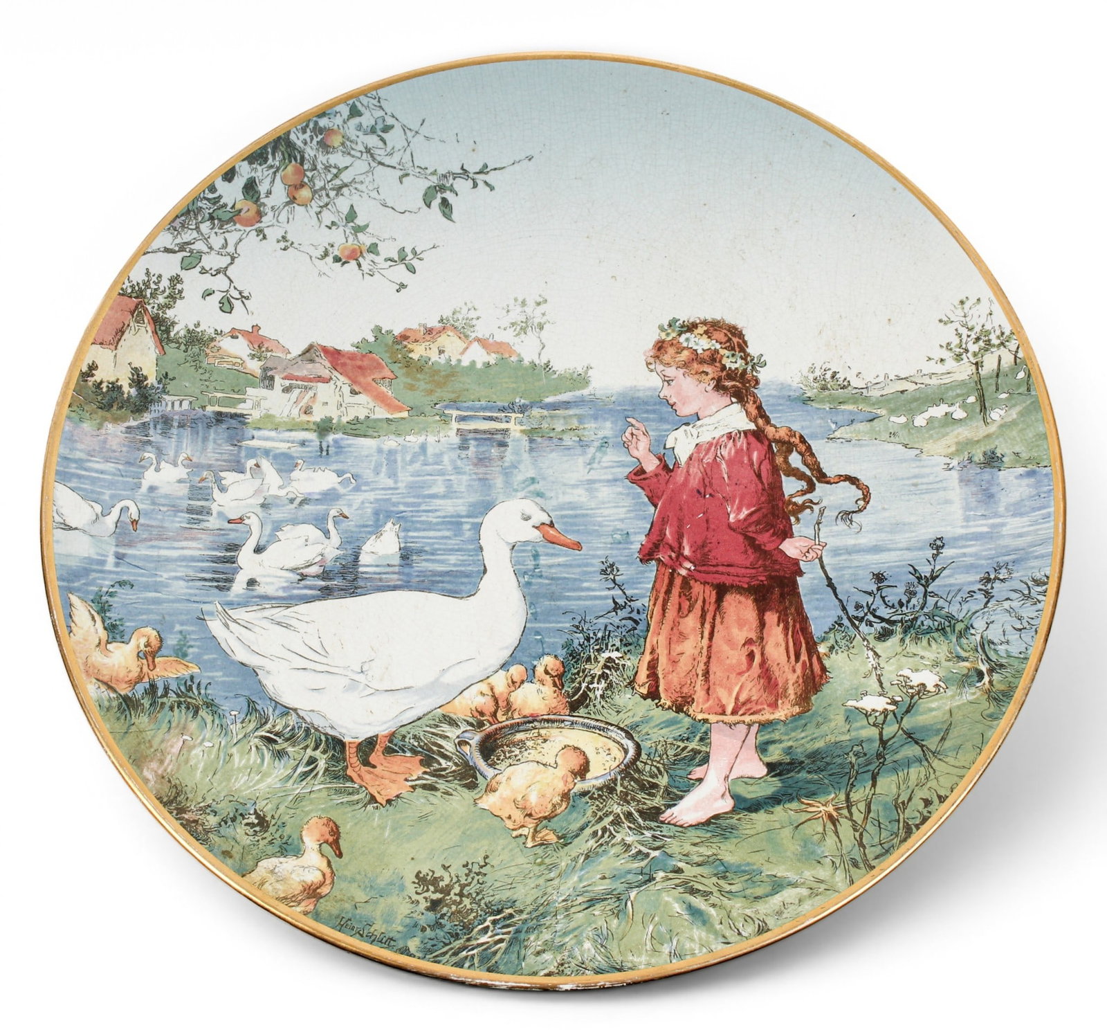 Mettlach Villeroy & Boch Porcelain Wall Charger: Description: A scenic wall plaque depicting a young girl feading ducks,. Markings & Inscriptions: Marked Date: Early 20th century Maker: Mettlach Villeroy & Boch Dimensions: 17.5" Dia. Provenance: Fro