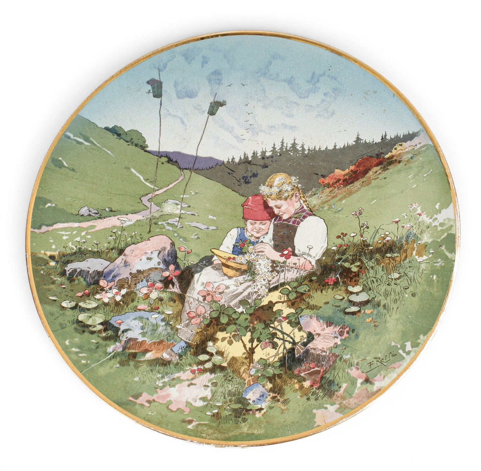 Mettlach Villeroy & Boch Porcelain Wall Charger: Description: A scenic wall plaque depicting two children seated on a hillside, looking at flowers. Markings & Inscriptions: Marked Date: Early 20th century Maker: Mettlach Villeroy & Boch Dimensions: 