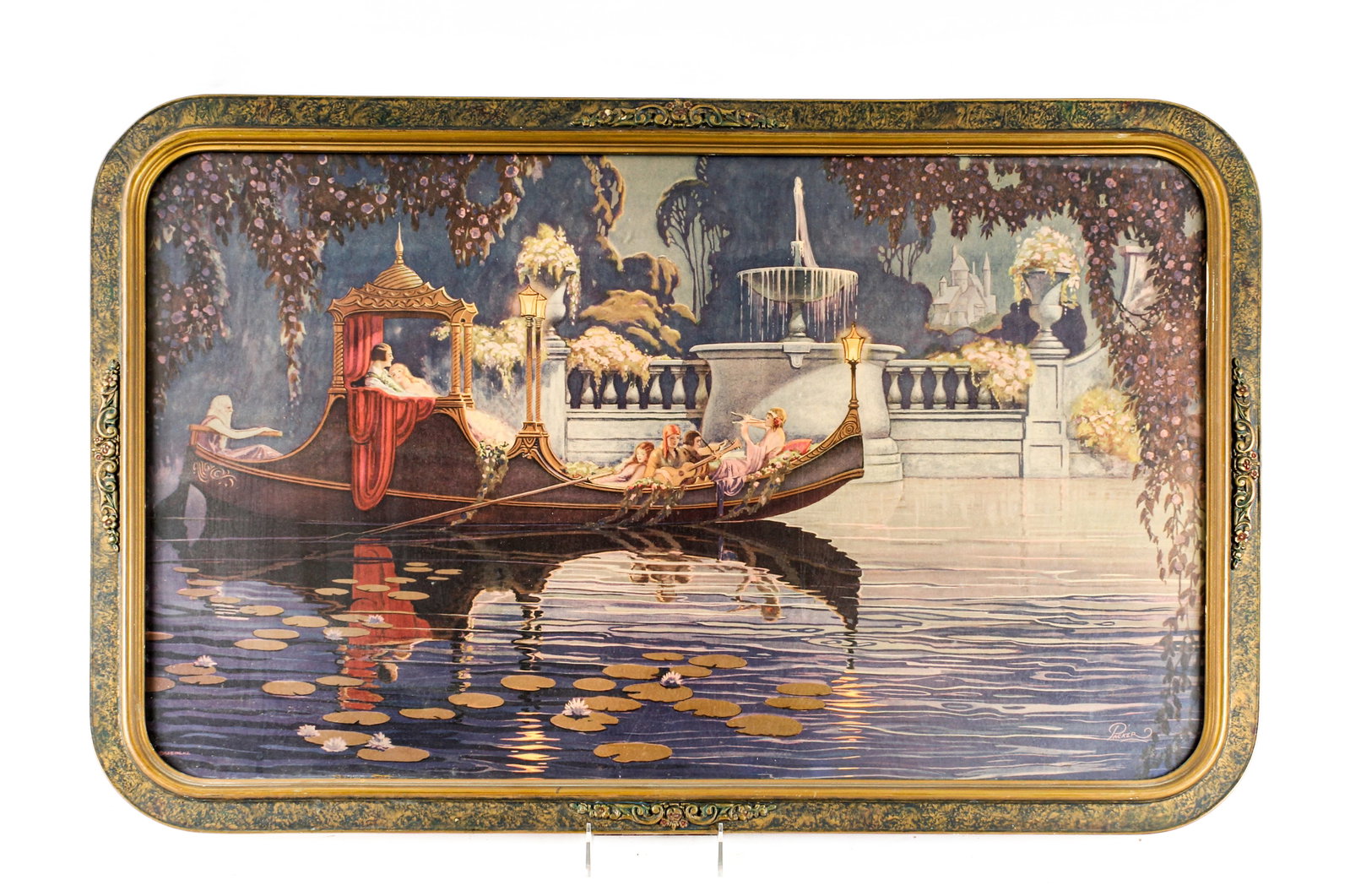 Frederick Packer, River of Dreams, Art Deco Chromolithograph: Description: An Art Deco era chromolithograph depicting a moonlit boatride. Markings & Inscriptions: Signed in the plate Date: Early 20th century Maker: Frederick Packer (American, 1886-1956) Dimensio