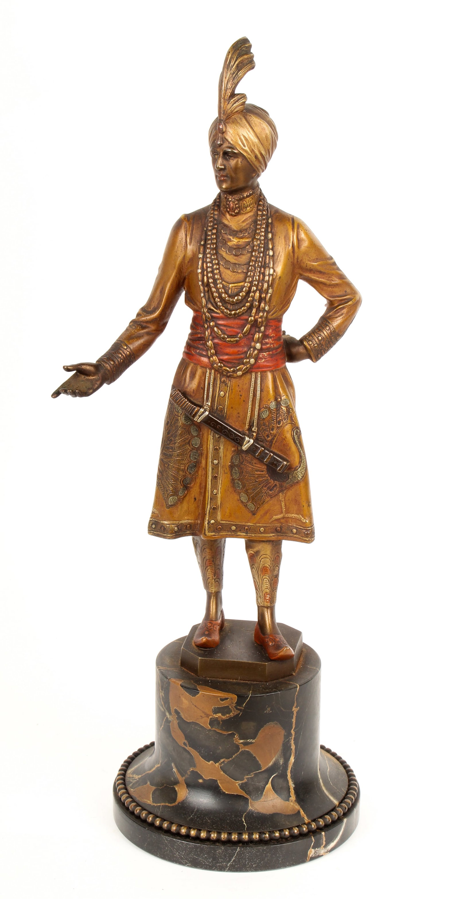 Bruno Zach (Austrian, 1891-1935) Orientalist Bronze Sculpture, Gentleman: Description: An Orientalist style bronze sculpture on a black marble base by Austrian sculptor Bruno Zach, depicting a European man dressed in Indian attire. Markings & Inscriptions: Signed Date: Earl