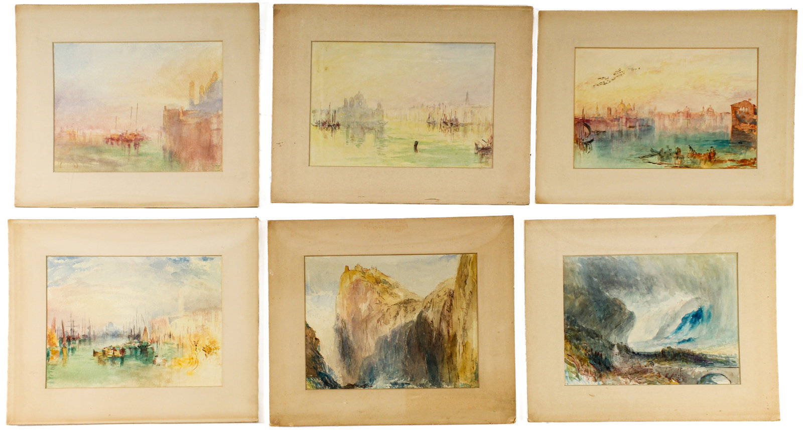 Attributed to Alice Marion Curtis (American, 1847-1911) Six Watercolors After JMW Turner, Venice,: Description: A group of six watercolors, several depicting Venetian scenes, in the manner of works by JMW Turner Markings & Inscriptions: Two are inscribed verso Date: Late 19th//early 20th century Ma