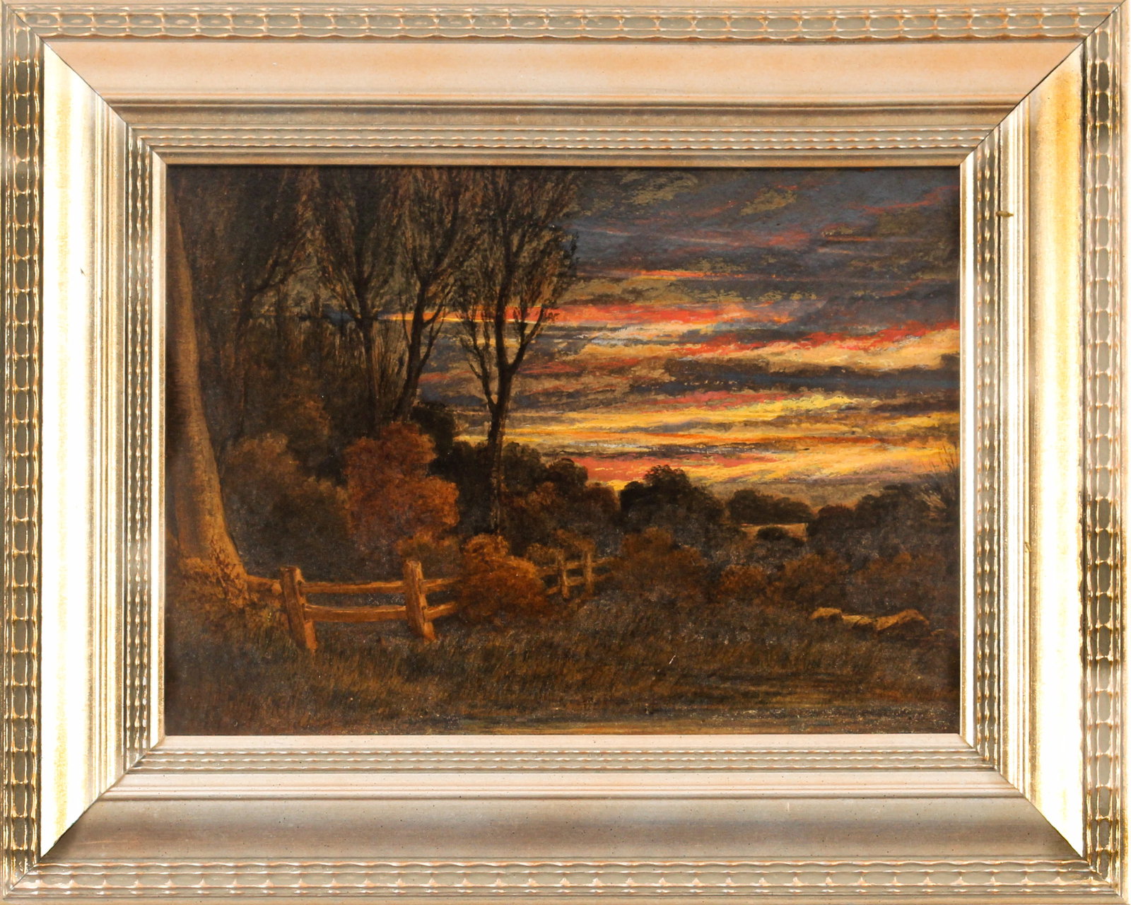 20th Century American School Tonalist Landscape Painting: Description: A tonalist oil on board landscape painting, depicting a field at sunset. Markings & Inscriptions: Unmarked Date: Late 20th century Maker: American Dimensions: 8" x 10.5", 12.25" x 15" ove