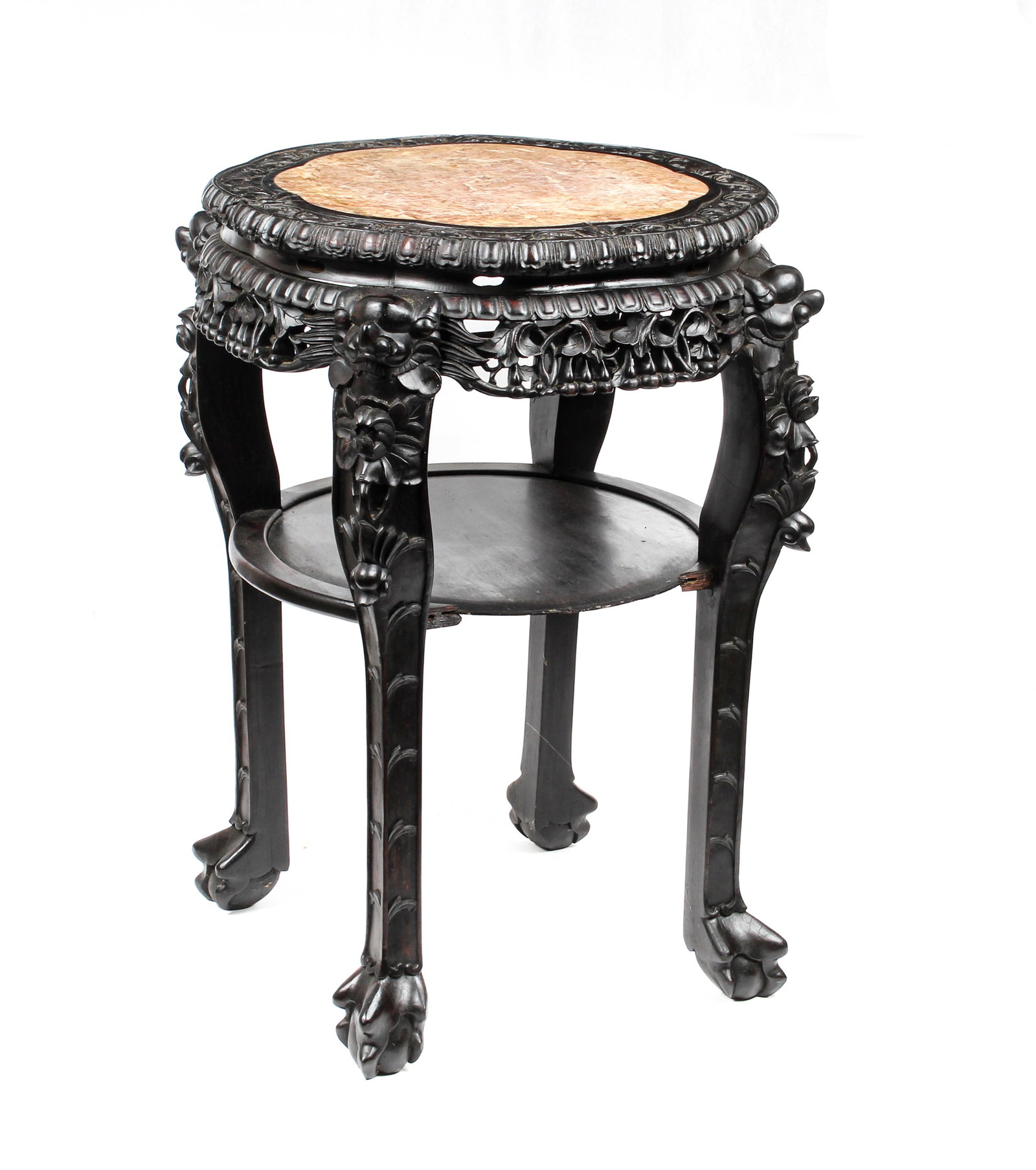 Chinese Carved Hardwood Marble Top Stand: Description: A large Chinese carved hardwood plant stand with rouge marble top. Markings & Inscriptions: Unmarked Date: 20th century Maker: Chinese Dimensions: .31.5" x 25" x 25" Provenance: From a Ro