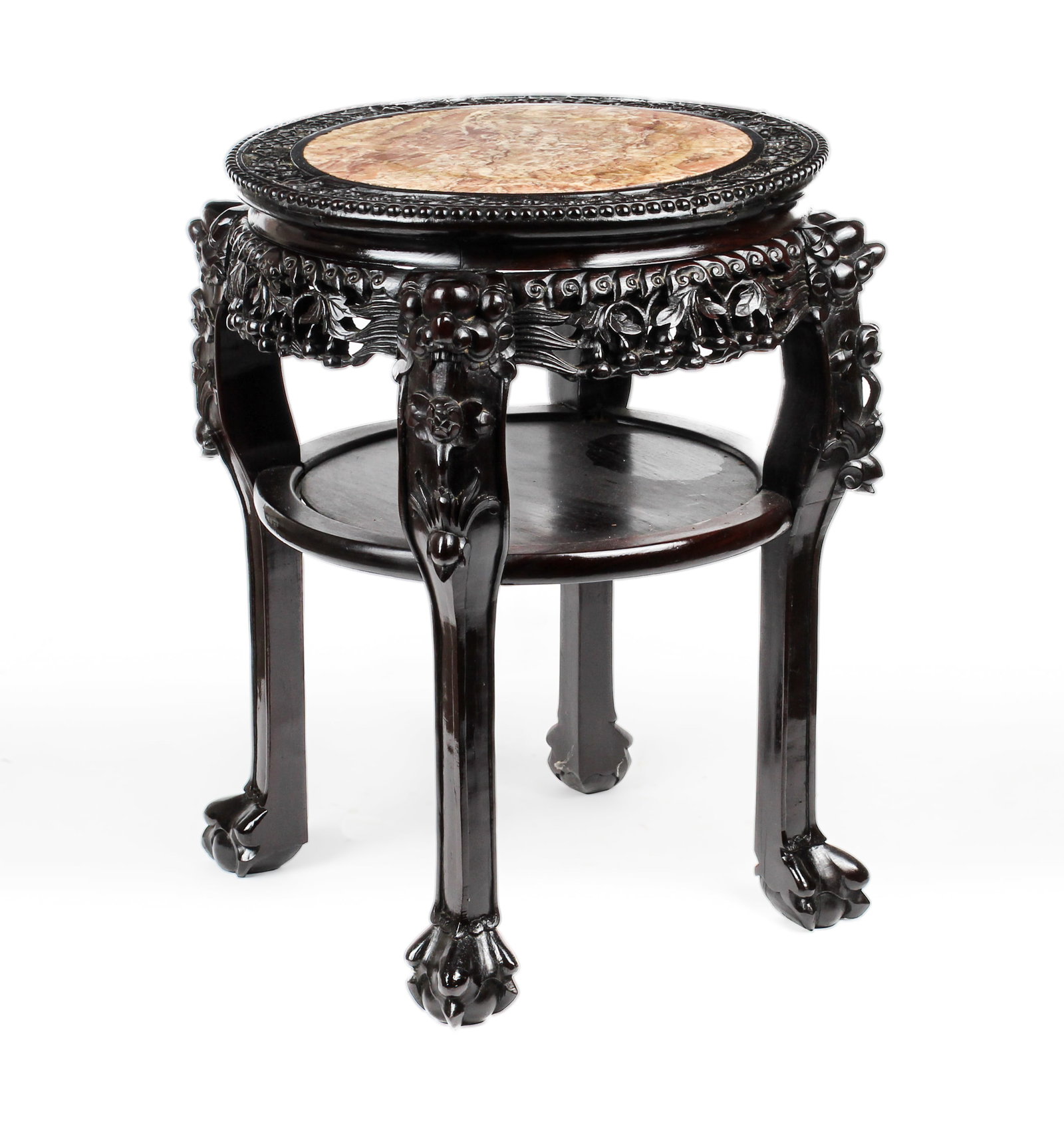Chinese Carved Hardwood Marble Top Stand: Description: A Chinese carved hardwood plant stand with rouge marble top. Markings & Inscriptions: Unmarked Date: 20th century Maker: Chinese Dimensions: 25.5" x 22" x 22" Provenance: From a Rockaway,