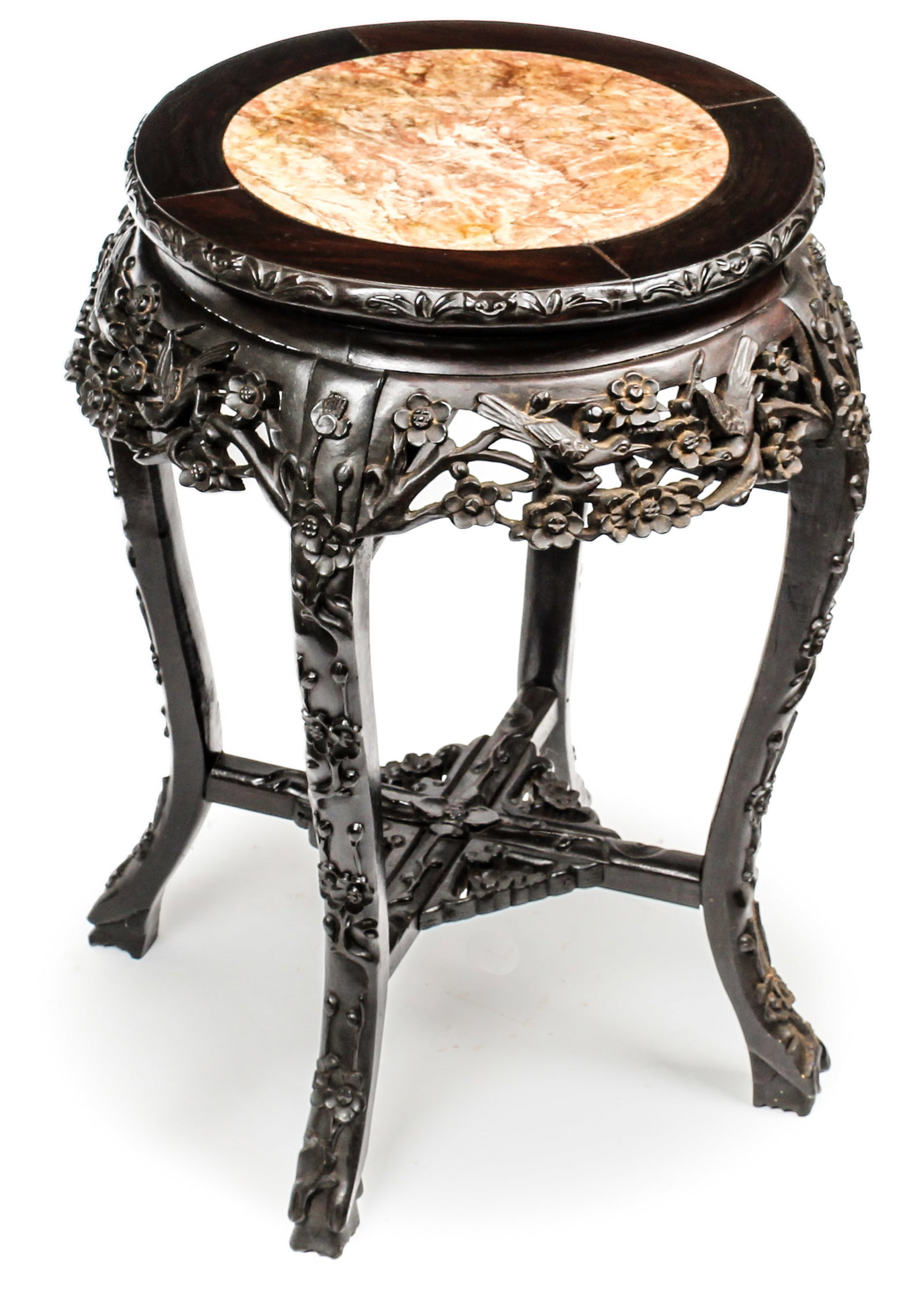 Chinese Carved Hardwood Marble Top Stand: Description: A Chinese carved hardwood plant stand with rouge marble top. Markings & Inscriptions: Unmarked Date: 20th century Maker: Chinese Dimensions: 24" x 17.5" x 17.5" Provenance: From a Rockawa