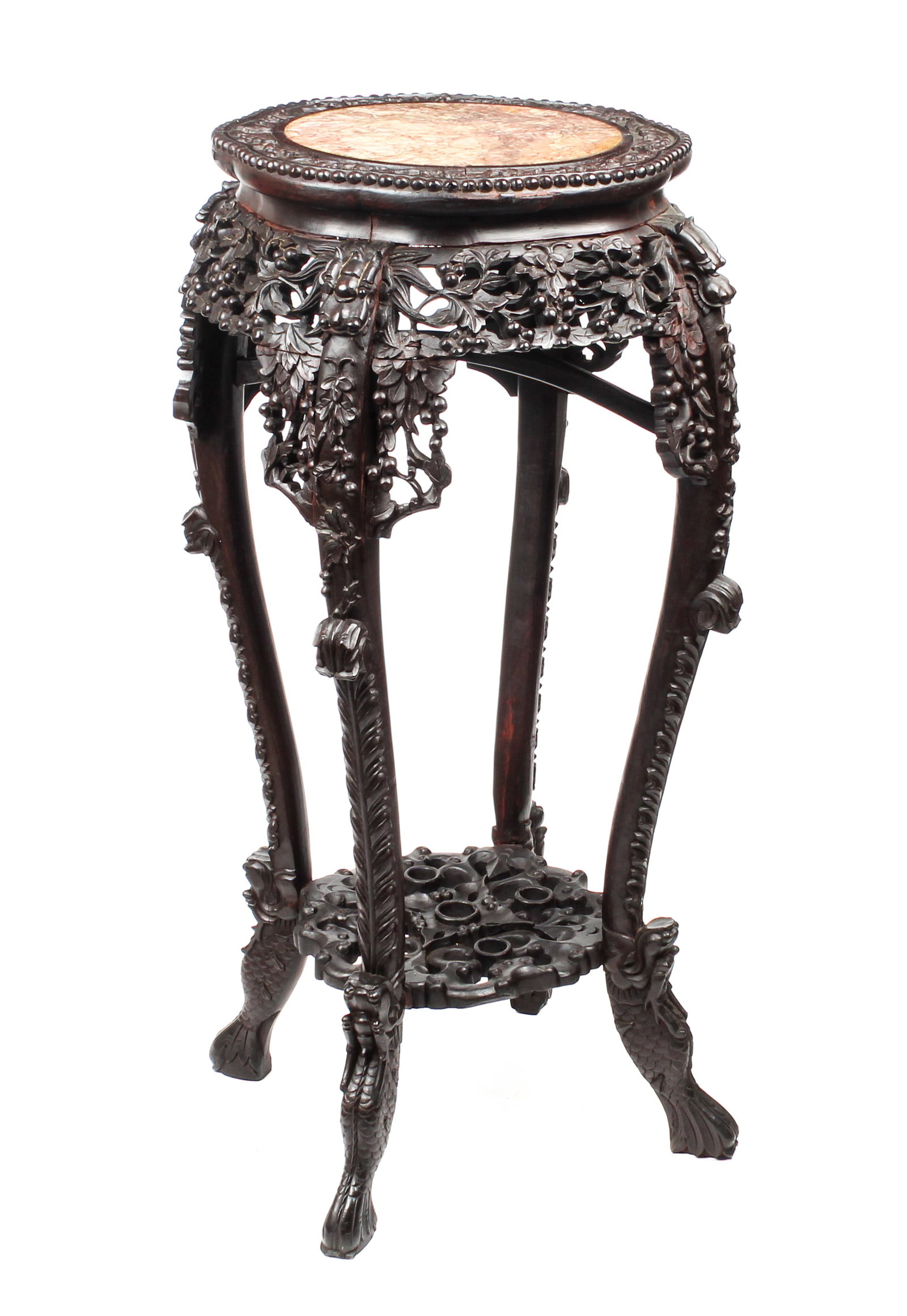 Chinese Carved Hardwood Marble Top Stand: Description: A large Chinese carved hardwood plant stand with rouge marble top. Markings & Inscriptions: Unmarked Date: 20th century Maker: Chinese Dimensions: 37" x 20" x 20". Provenance: From a Rock