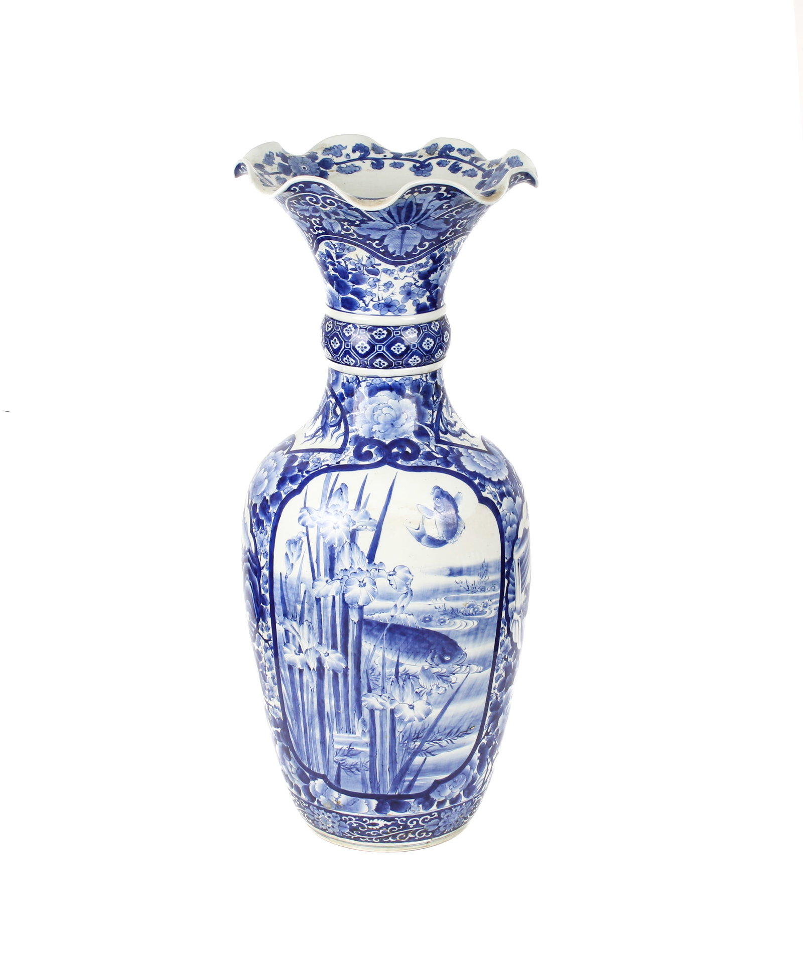 Japanese Blue & White Porcelain Floor Vase: Description: A large blue & white pottery vase decorated with carp among reeds. Markings & Inscriptions: Unmarked Date: Mid to late 20th century Maker: Japanese Dimensions: 37" x 15.25". Provenance: F