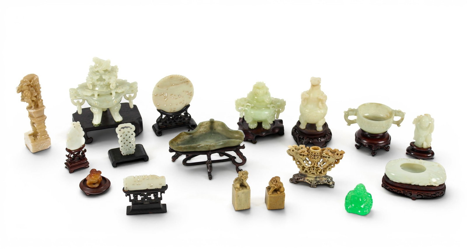 Chinese Jade, Hardstone, Soapstone, and Glass Items: Description: A collection of 20th century Chinese jade, hardstone, glass, and other items, including a white jade double gourd pendant, two soapstone seals, censers, Buddha figures, and more. Markings