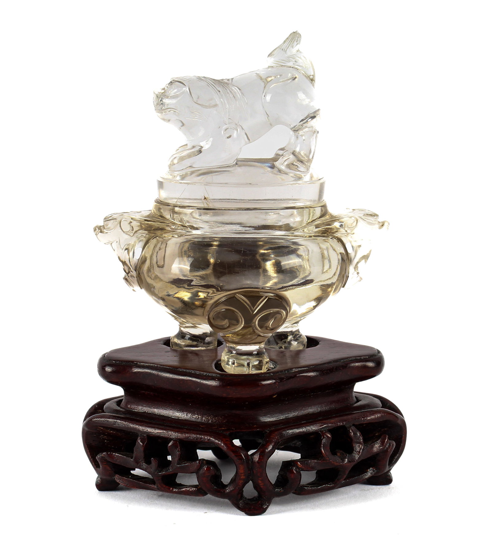 Chinese Rock Crystal Miniature Tripod Censer, Foo Dog Lid: Description: A rock crystal censer with foo dog lid on a wooden base. Markings & Inscriptions: Unmarked Date: 20th century Maker: Chinese Dimensions: 3.25" x 3" x 2". Measures 5.1" H including the bas