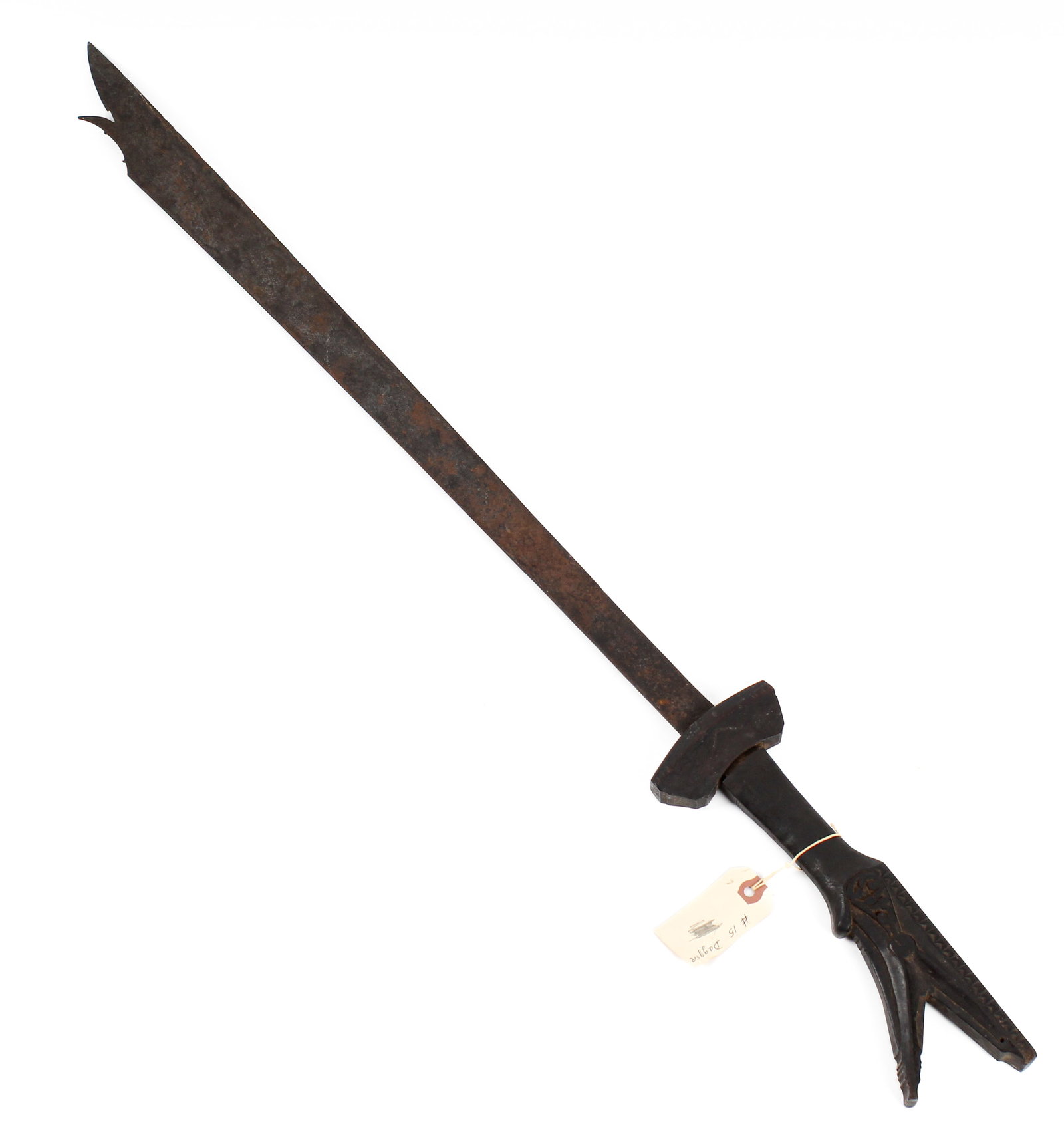Philippine Moro Kampilan Sword, 19th Century: Description: A sword crafted by the Moro People of Mindanao in the Philippines, with carved wood handle and forged iron blade. Markings & Inscriptions: Unmarked Date: Late 19th century Maker: Filipino