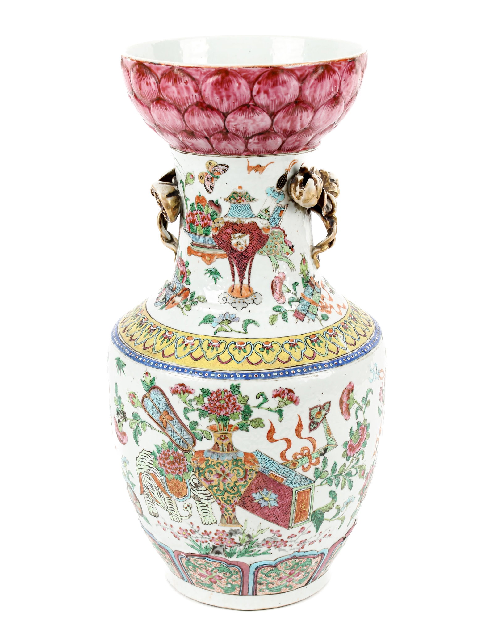 Chinese Canton Rose Medallion Vase: Description: A porcelain vase decorated with a variety of motifs including elephants, floral bouquets, fans, scrolls, and butterfies, among others. The rim is decorated in the shape of a lotus and the
