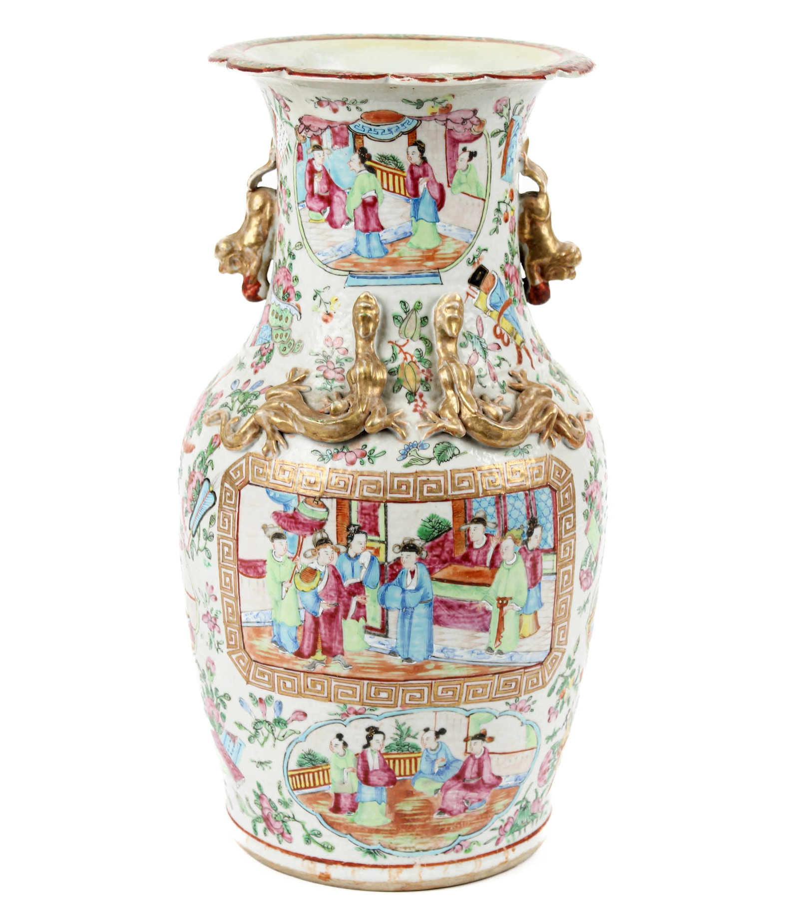 Chinese Canton Rose Medallion Vase: Description: A porcelain vase with typical floral and figural surface decoration and gilt applied dragons and foo dog handles. Markings & Inscriptions: Unmarked Date: 19th-20th century Maker: Chinese 
