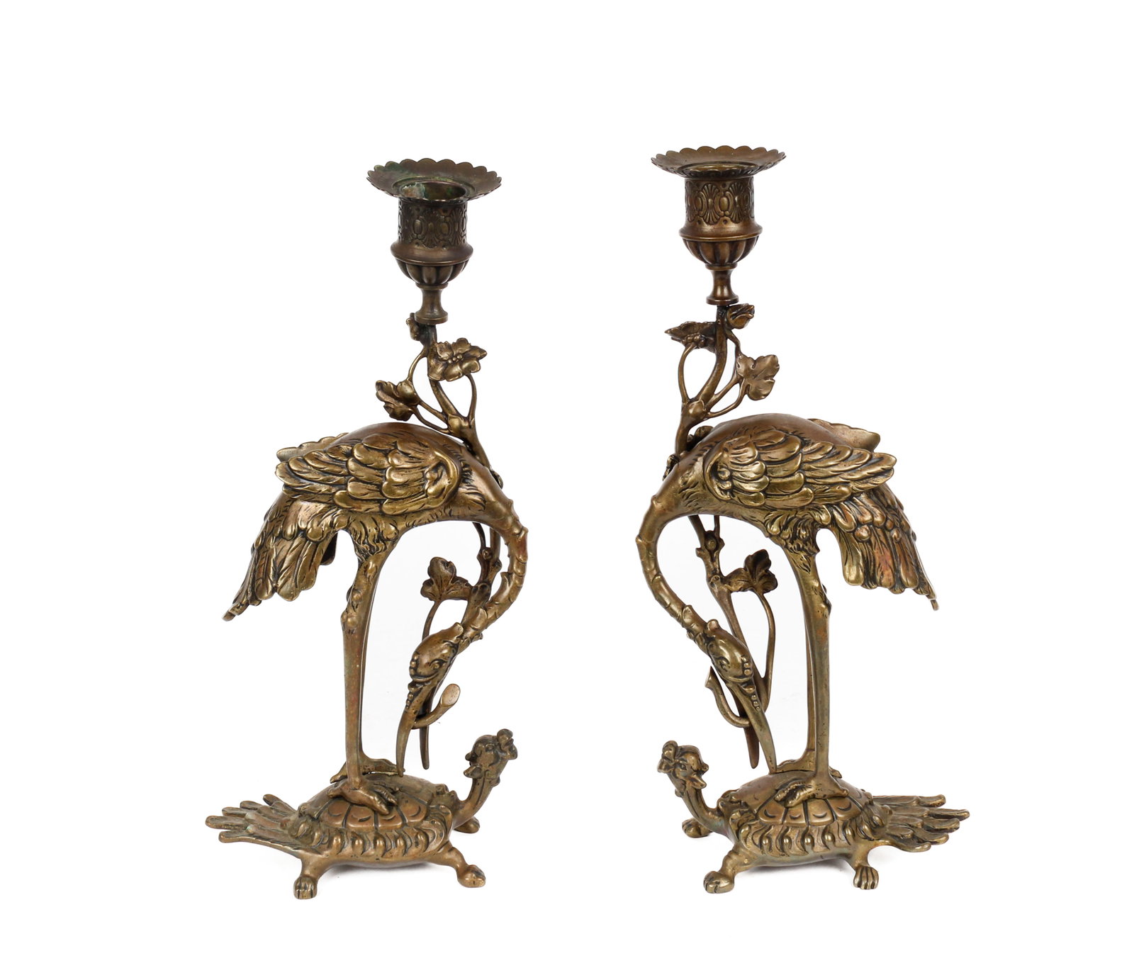 Japanese Meiji Bronze Crane on Turtle Longevity Candlesticks: Description: A pair of bronze candlesticks in the form of cranes atop turtles, symbolizing longevity. Markings & Inscriptions: Unmarked Date: Early 20th century Maker: Japanese Dimensions: 11" x 5" x 