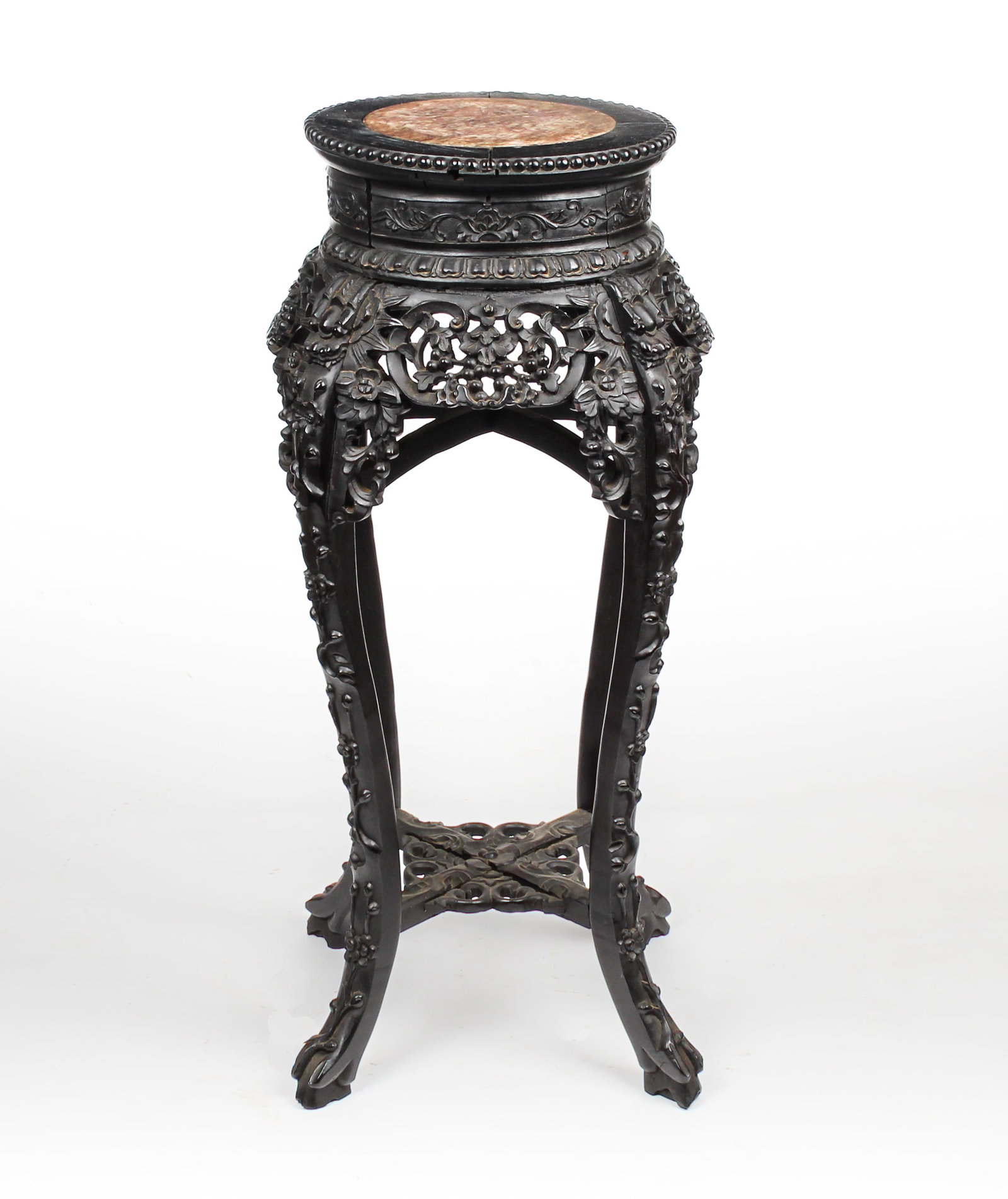 Chinese Carved Hardwood Marble Top Stand: Description: A Chinese carved hardwood plant stand with rouge marble top. Markings & Inscriptions: Unmarked Date: Late 19th/early 20th century Maker: Chinese Dimensions: 33" x 14" x 14". Provenance: F