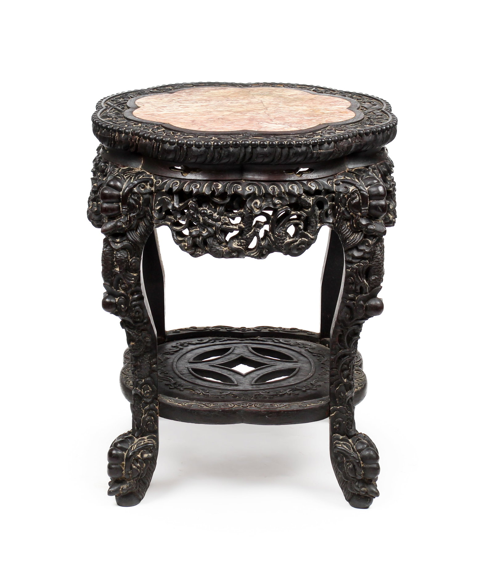 Chinese Carved Hardwood Marble Top Stand: Description: A Chinese carved hardwood plant stand with rouge marble top. Markings & Inscriptions: Unmarked Date: Late 19th/early 20th century Maker: Chinese Dimensions: 21" x 19" x 19". Provenance: F