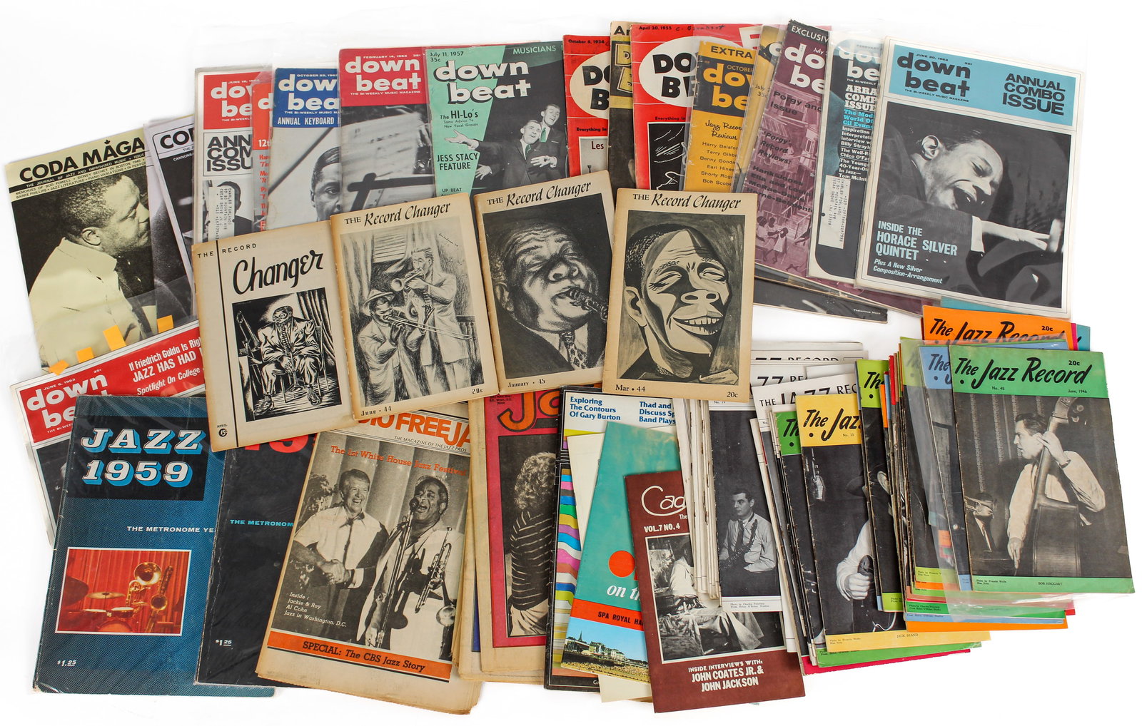 Collection of Vintage Jazz Periodicals & Publications: Description: A collection of jazz-related periodicals including four 1940s issues of The Record Changer, forty-three 1940s issues of The Jazz Record, three 1980s issues of Coda Magazine, a 1978 issue 