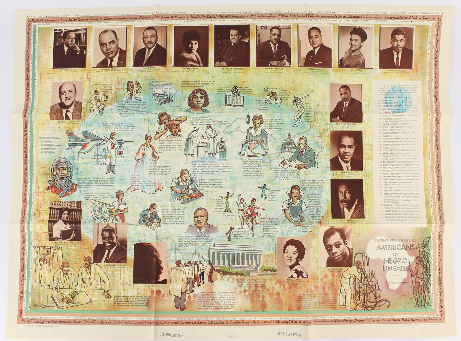 Louise E. Jefferson, Twentieth Century Americans of Negro Lineage, 1965 Map & Book, Etc.: Description: A rare pictorial map depicting important African American leaders of the twentieth century, together with a portfolio featuring portrait photographs of noteworthy individuals including Ma