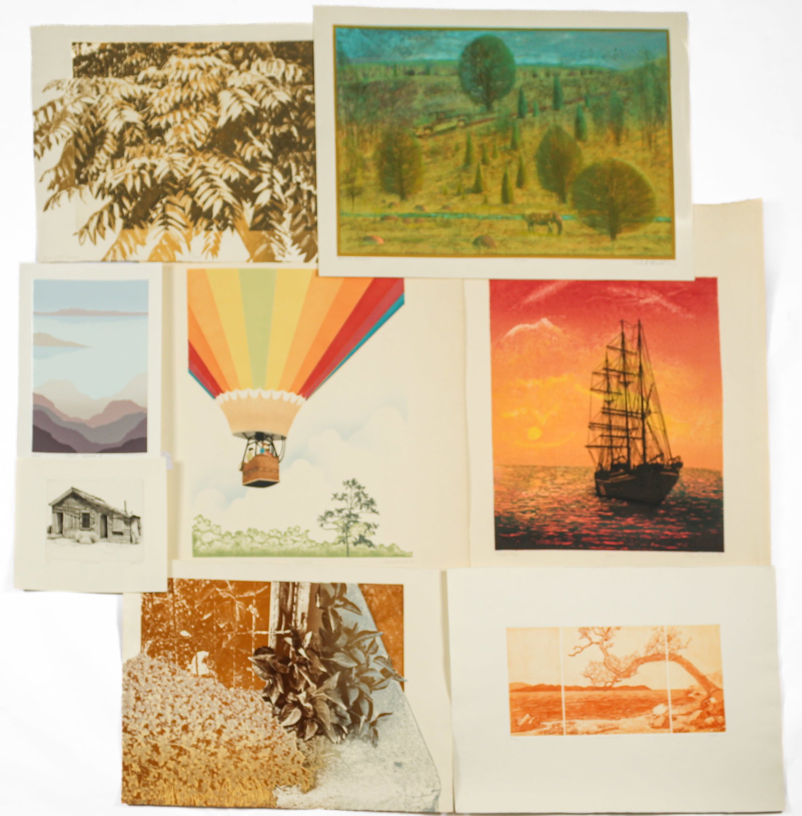 Group of Eight Landscape and Architectural Prints on Wove Paper, Signed: Description: Group eight of lanscape and architectural prints on wove paper by various artists including "Seafoam" and "Sail Away" by Edward Ward, "The Bodie Jail" by Fred Stone, "Coastal Topography I