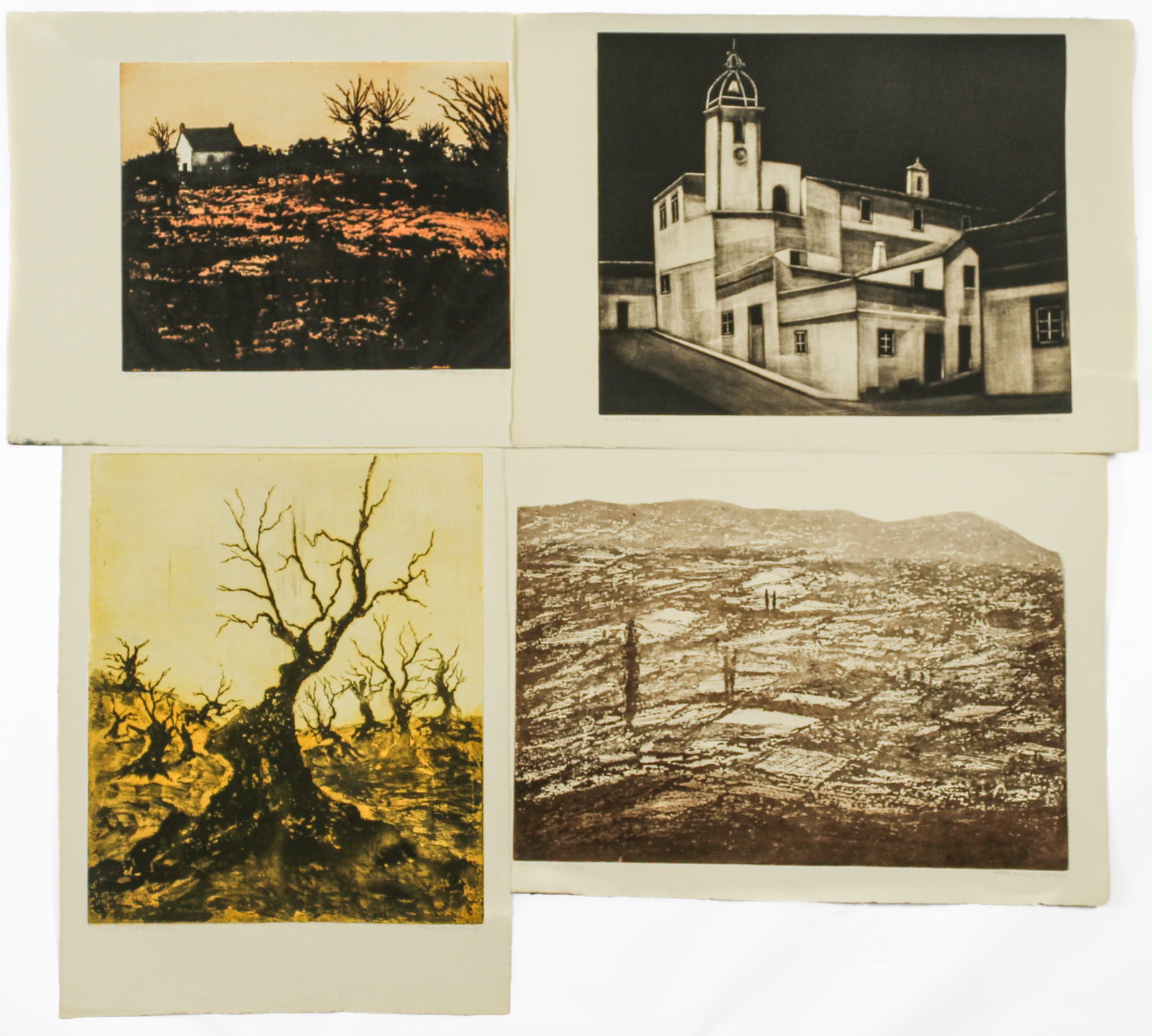 Francis Robert Kelly (American, 1927-2012) Four Signed Etchings: Description: "Cottage", "Tuscany", "Olive Tree", and "Albuferia" Markings & Inscriptions: Signed, titled and numbered Date: 20th century Maker: Francis Robert Kelly (American, 1927-2012) Dimensions: L