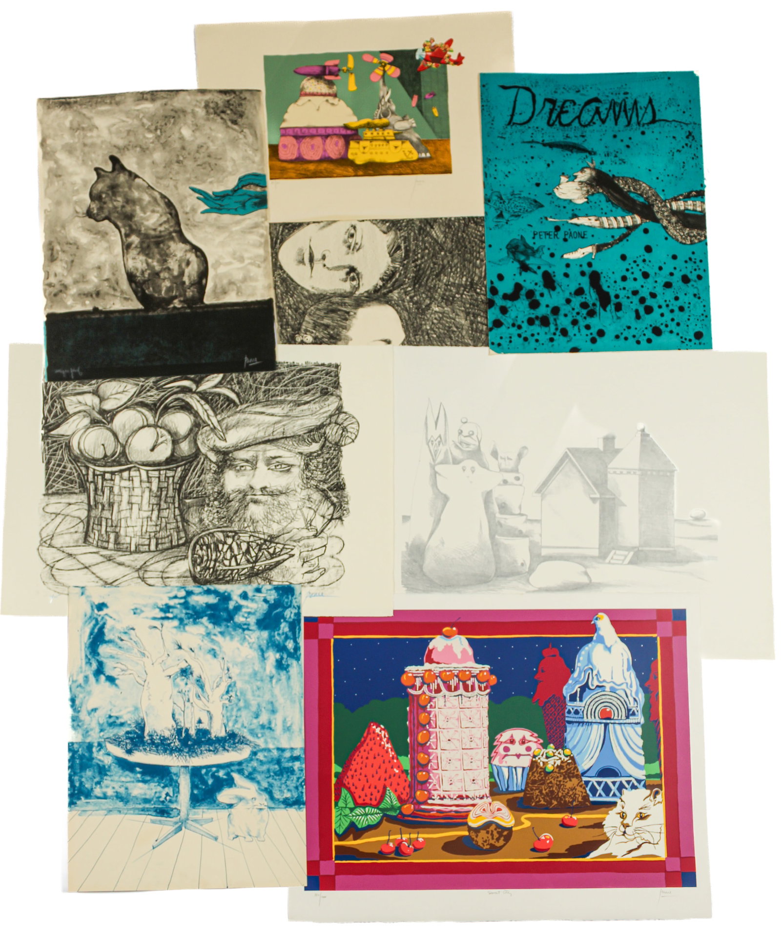 Peter Paone (American, B. 1936) Eight Signed Surrealist Prints: Description: Group of eight surrealist prints on wove paper by Peter Paone including "Dreams (Blue Master)", "Lost Rabbit", "Dear Thought", "Tall Figures and House", "Dutch Still Life with Rembrandt",