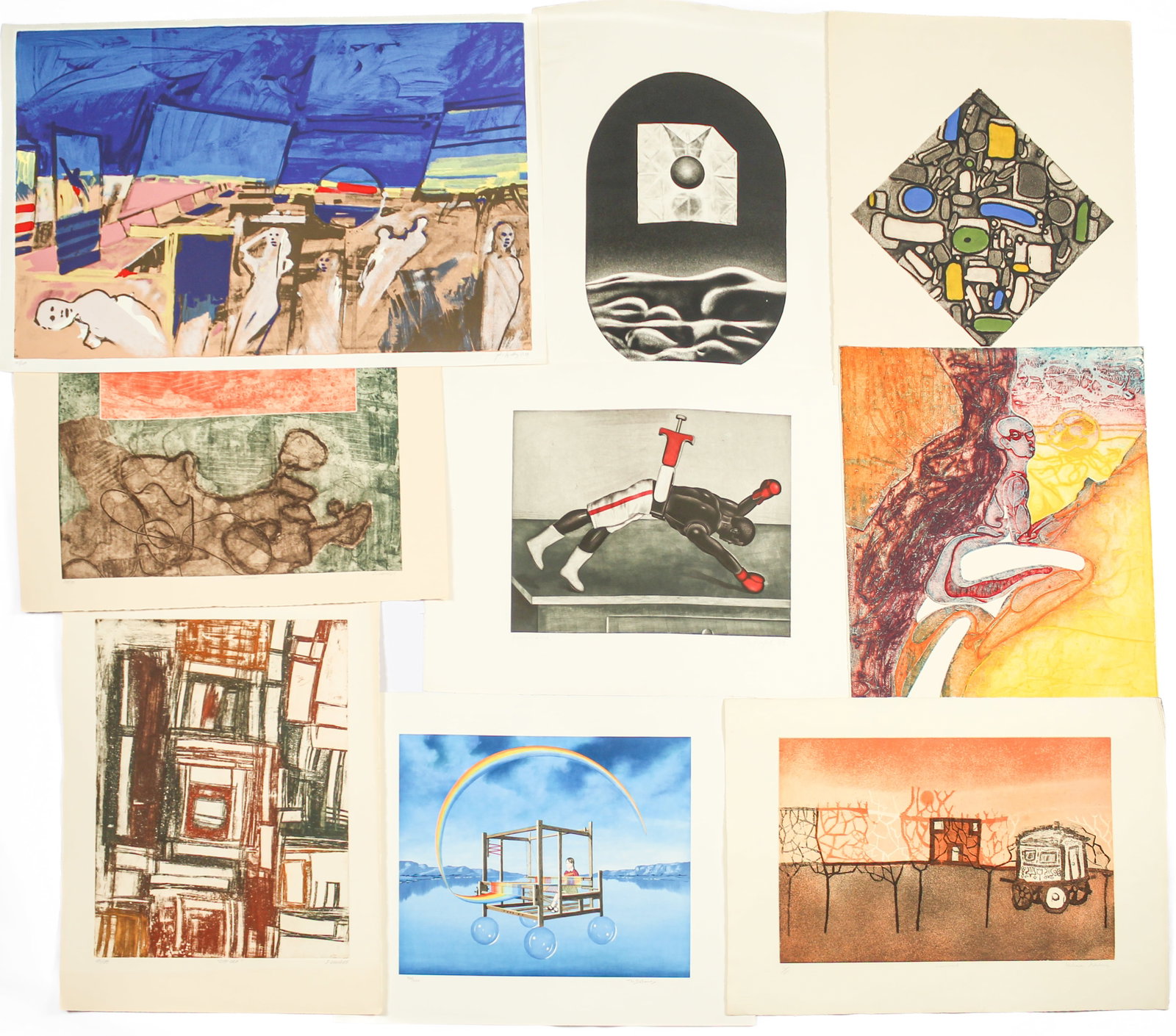 Group of Nine Surrealist and Abstract Prints on Wove Paper, Signed: Description: Group of nine prints by various artists including "Kenwood" by Helena Markson, "City Era" and "Images" by John Chious, "Night Stones" by Robert Broner, "Rainbow Fantasy" by Tito Salomoni,