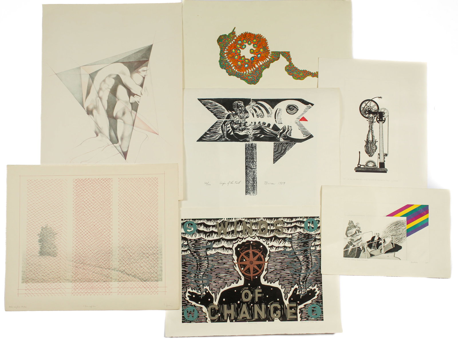 Group of Seven Surrealist and Abstract Prints on Wove Paper, Signed: Description: Group of seven prints by various artists including "The Wedding Party" by Ron Fuller, "Sign of the Fish" by Robert Broner, "Dehiscence" by Pauline Aitken, "Directions" by Benjamin Long, "
