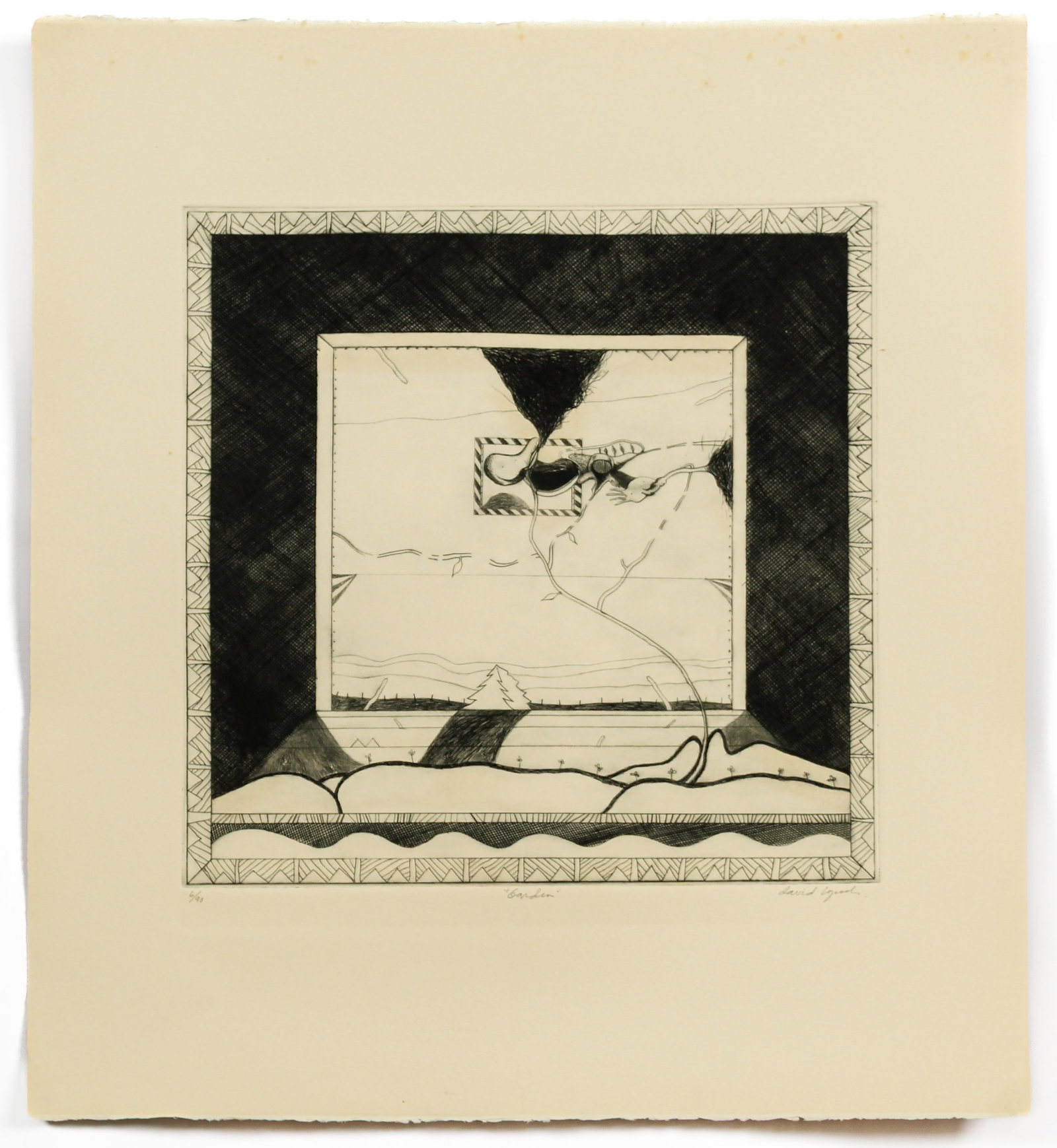 David Lynch (American, 1946-2025) Garden, Signed Etching: Description: A surreal etching by noted film maker and artist David Lynch, titled "Garden". Markings & Inscriptions: Signed, titled and numbered 6/90. Date: Mid-20th century Maker: David Lynch (Americ