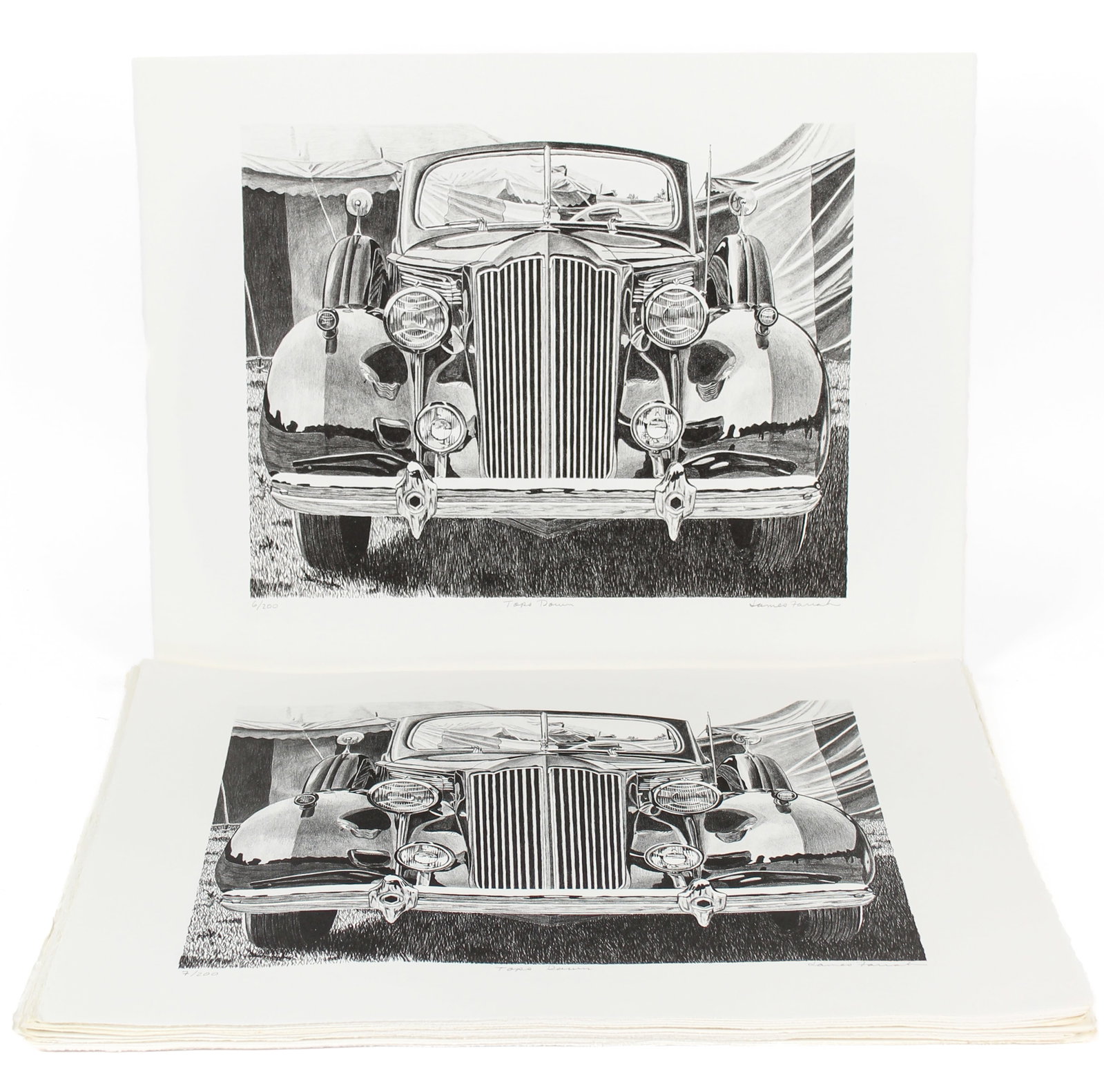 James Farrah (American, B. 1950) 48 Classic Car Lithographs, Tops Down: Description: A collection of classic car lithographs depicting the grill of a convertible in front of a circus tent. Markings & Inscriptions: Signed, titled and numbered Date: Mid to late 20th century