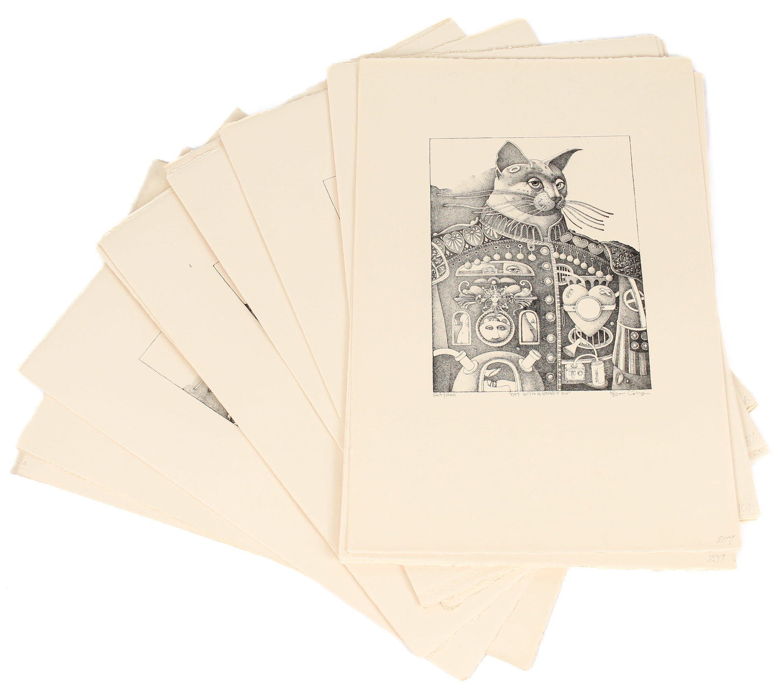 Dennis Corrigan (American, B. 1944) 32 Lithographs, Cat with a Heart On,: Description: Approximately 32 lithographs depicting a cat wearing military garb with surreal adornments. Markings & Inscriptions: Signed, titled, and numbered Date: Mid to late 20th century Maker: Den