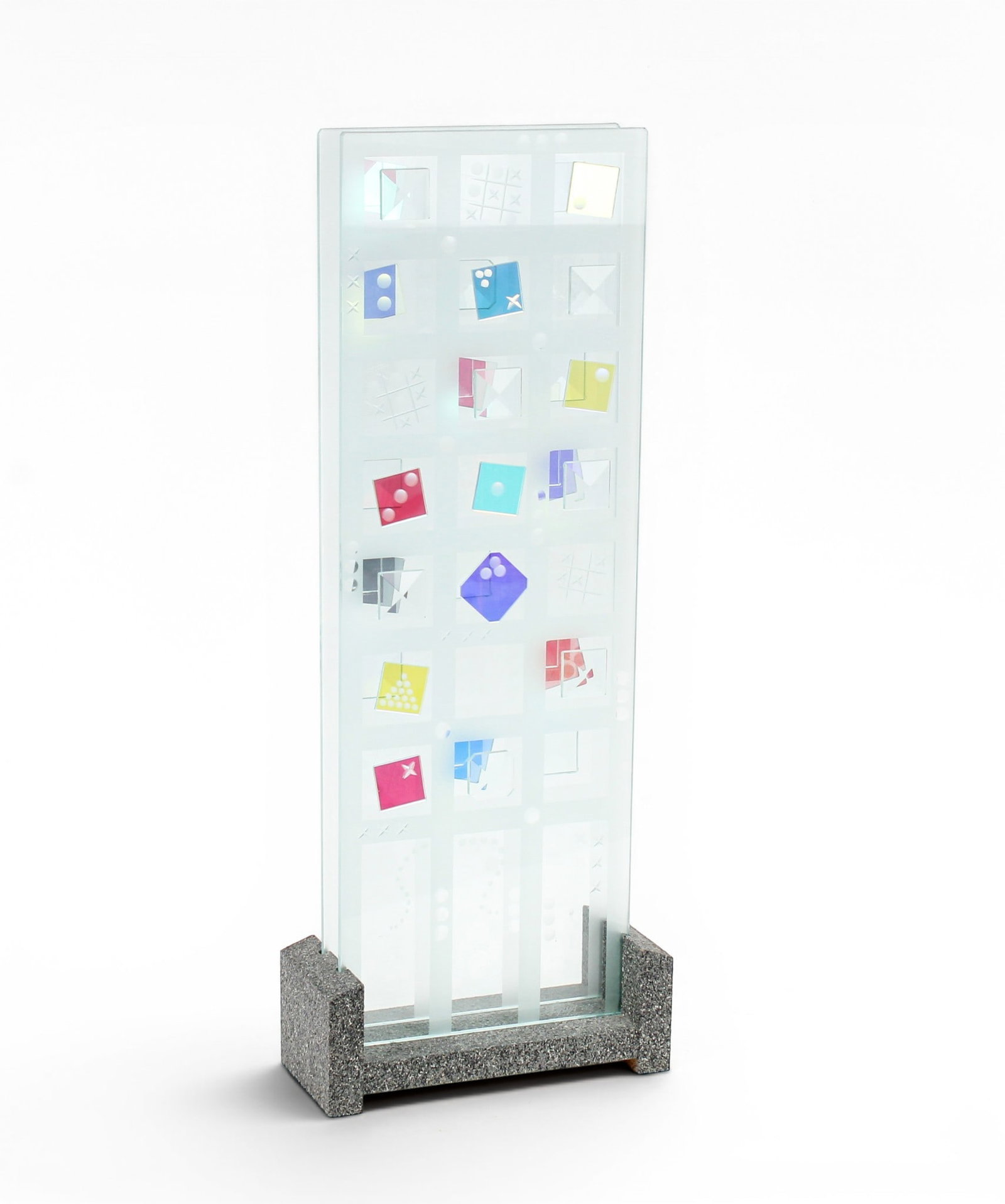 Ray Lapsys Studio Art Glass Sculpure, Games, Tic Tac Toe, Dice, Etc.: Description: A playful modernist art glass sculpture composed of two panels decorated with etched and applied game-related designs, mounted on a painted wood base. Markings & Inscriptions: Signed Date