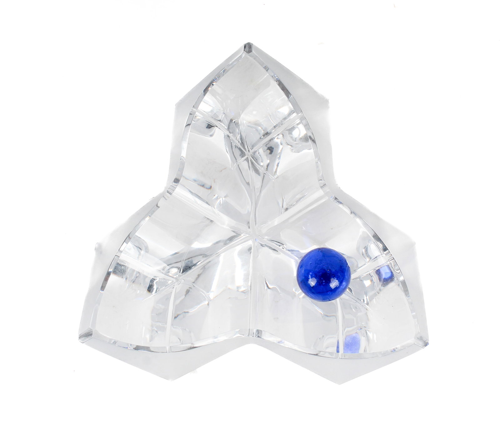 Daum Art Glass Blue Ball Cube Sculpture or Ashtray: Description: A modernist art glass sculpture in the form of three open cubes with a blue ball. Markings & Inscriptions: Marked Date: Late 20th/early 21st century Maker: Daum Dimensions: 3.5" x 8" x 8"