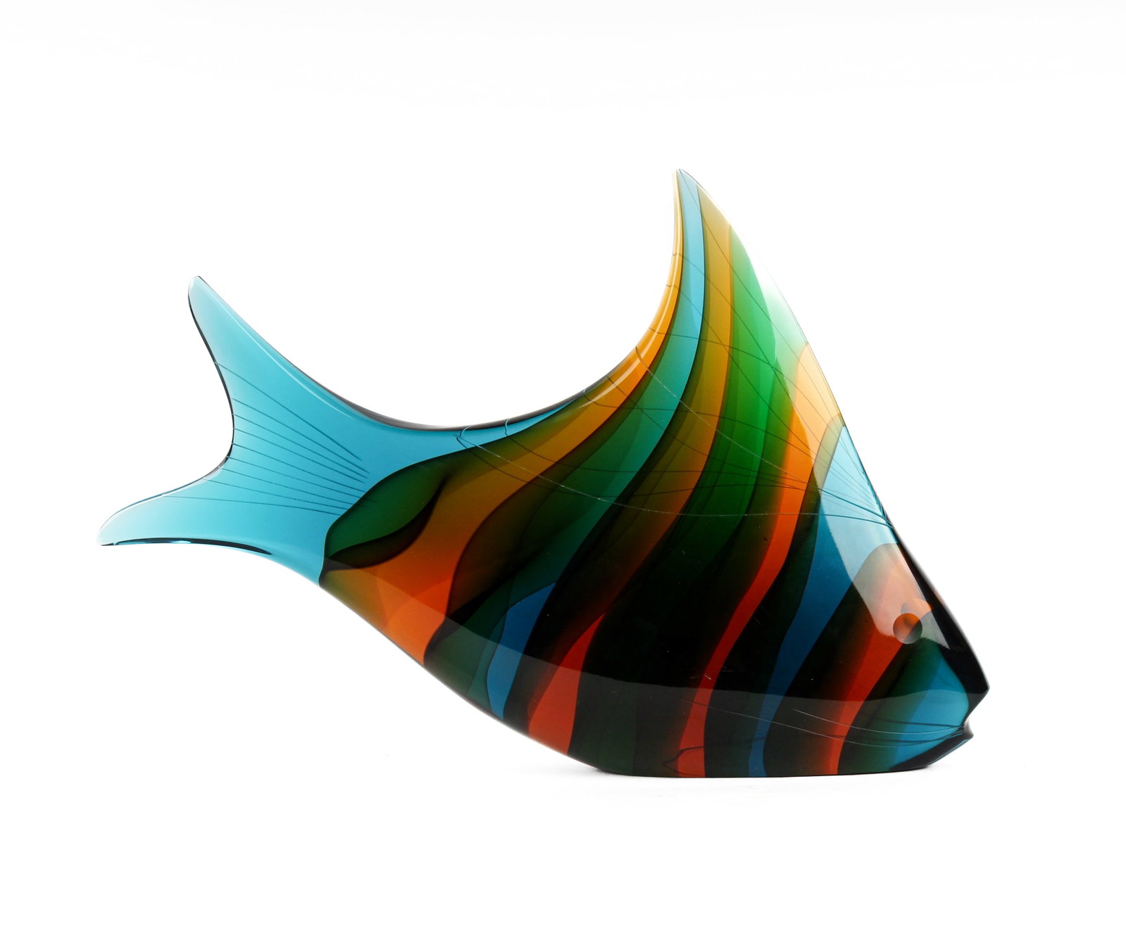 Mid Century Exbor Studio Art Glass Fish Sculpture: Description: A modernist art glass sculpture of a fish with partly etched surface in blue, green, and amber tones. Markings & Inscriptions: Unmarked Date: Mid 20th century Maker: Exbor, designed by Jo