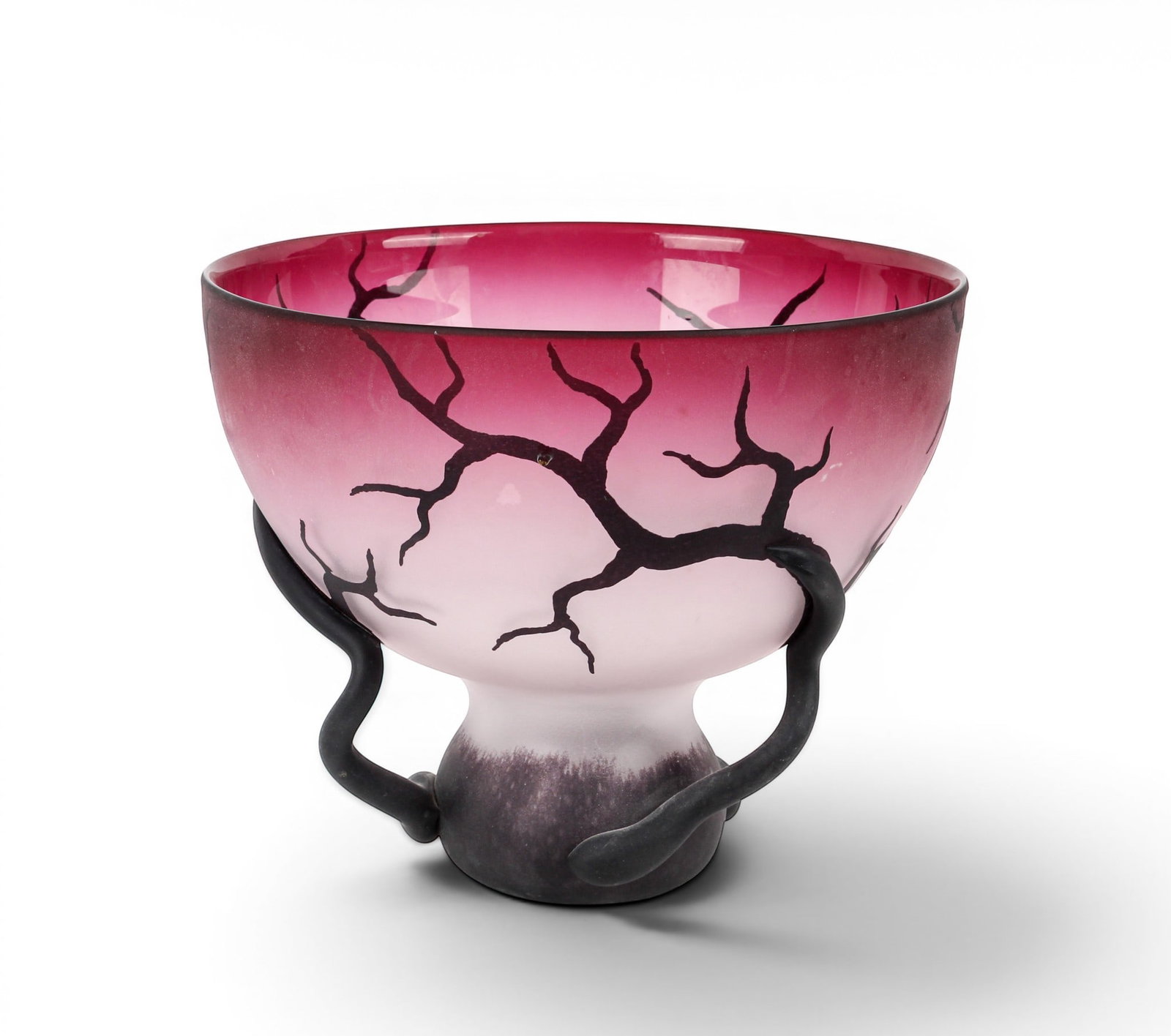 Bernard Katz Chalice Root Art Glass Bowl: Description: A modernist purple art glass bowl with naturalistic elements and frosted surface. Markings & Inscriptions: Unmarked Date: Late 20th/early 21st century Maker: Bernard Katz Glass Studio Dim