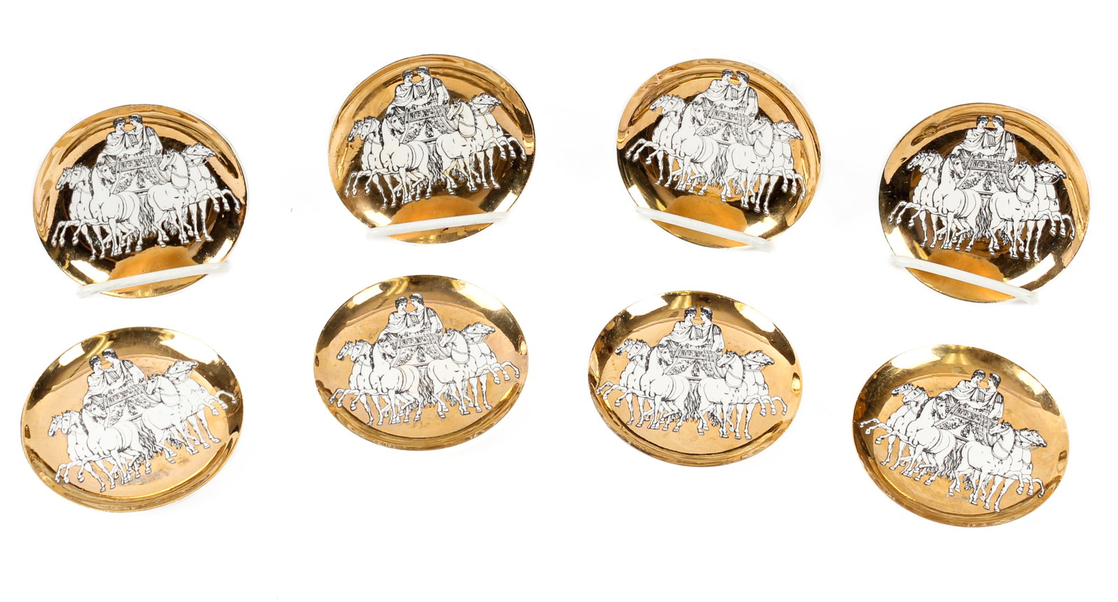 Eight Piero Fornasetti Saks Fifth Avenue Roman Chariot Porcelain Coasters: Description: A group of eight Roman Chariot pattern porcelan coasters designed by Piero Fornasetti, made exclusively for Saks Fifth Avenue. Markings & Inscriptions: Marked Date: Mid 20th century Maker