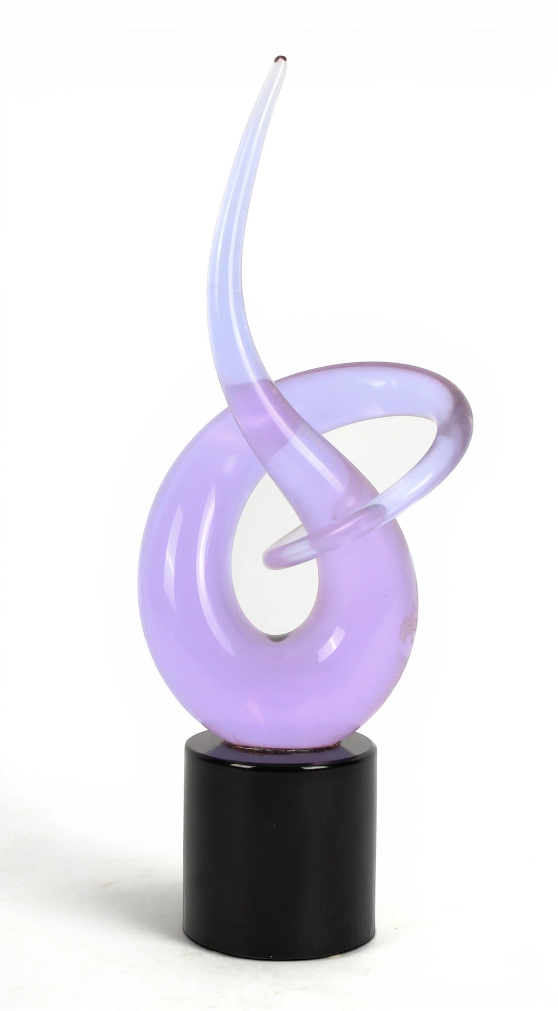 Renato Anatra Murano Art Glass Sculpture: Description: A modernist abstract purple art glass vase on a black spherical base. Markings & Inscriptions: Signed Date: Mid to late 20th century Maker: Renato Anatra Dimensions: 14.5" x 5" x 4". Prov